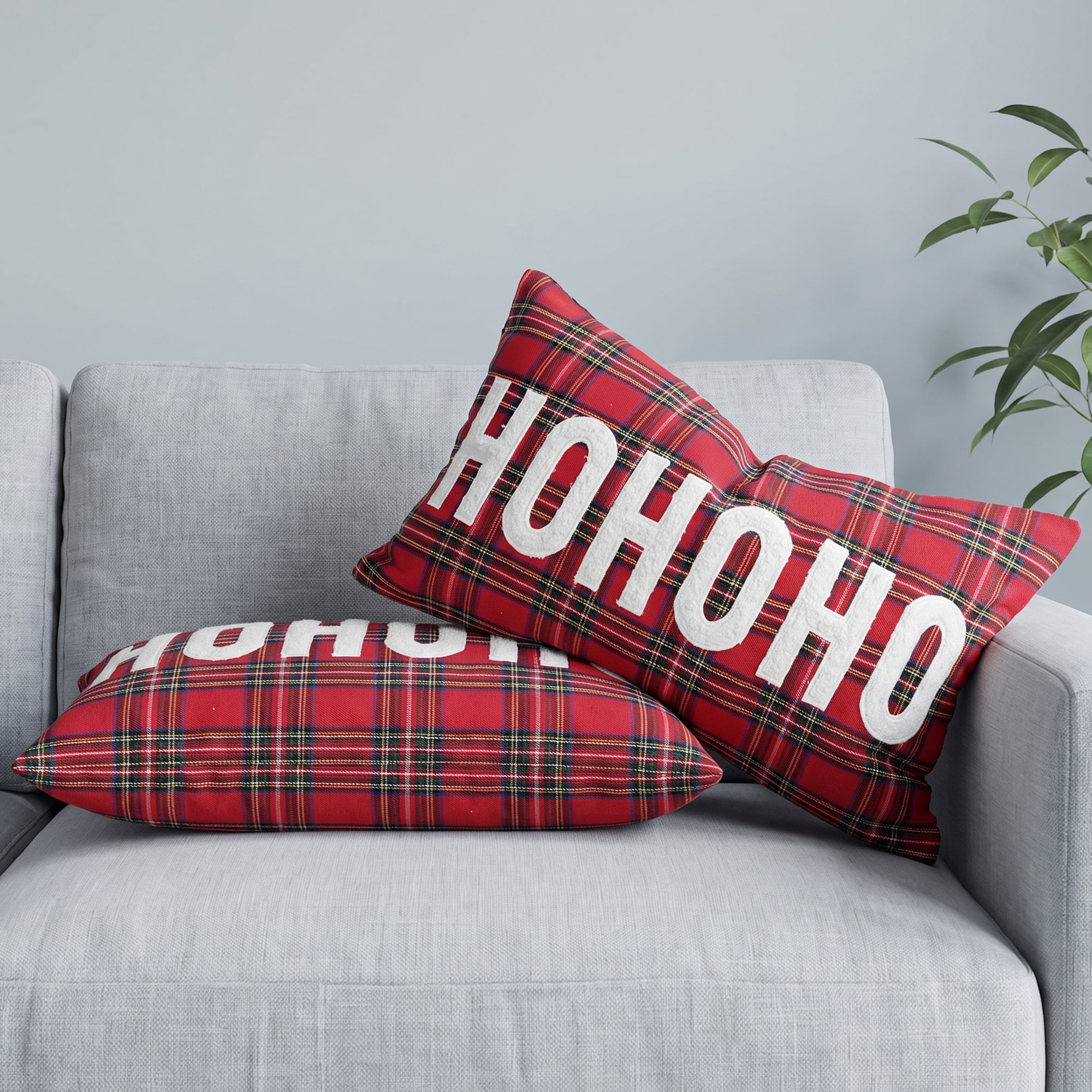 Unique Bargains Plaid Throw Pillow Covers Tartan Cushion Cases Red Plaid HoHoHo 20"x12"