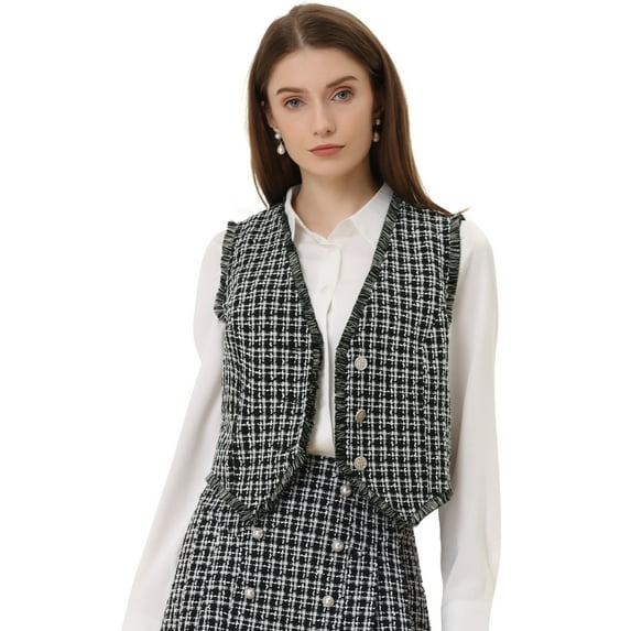Unique Bargains Plaid Waistcoat for Women's Fringe Trim Tweed Suit Vest M Black