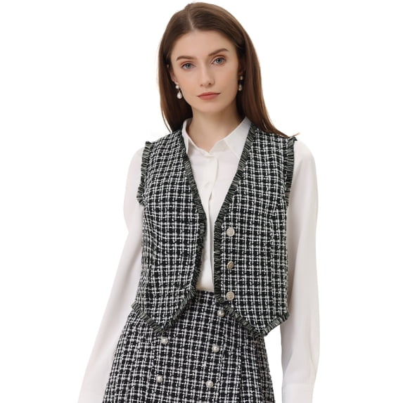 Unique Bargains Plaid Waistcoat for Women's Fringe Trim Tweed Suit Vest XS Black