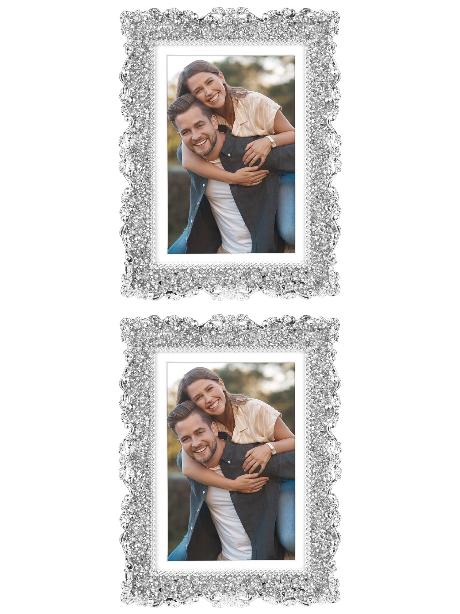 Unique Bargains Plated Picture Frame with Crystal Photo Frames Silver Oval Shape Silver Rectangle -2Pcs 4x6