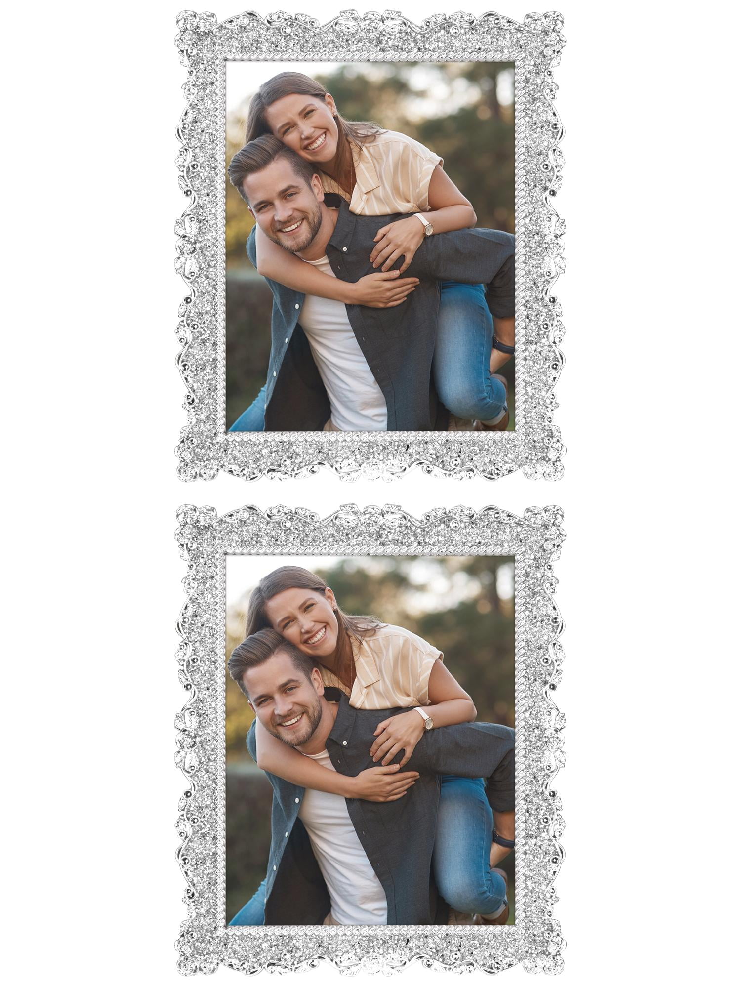 Unique Bargains Plated Picture Frame with Crystal Photo Frames Silver Oval Shape Silver Rectangle -2Pcs 8x10