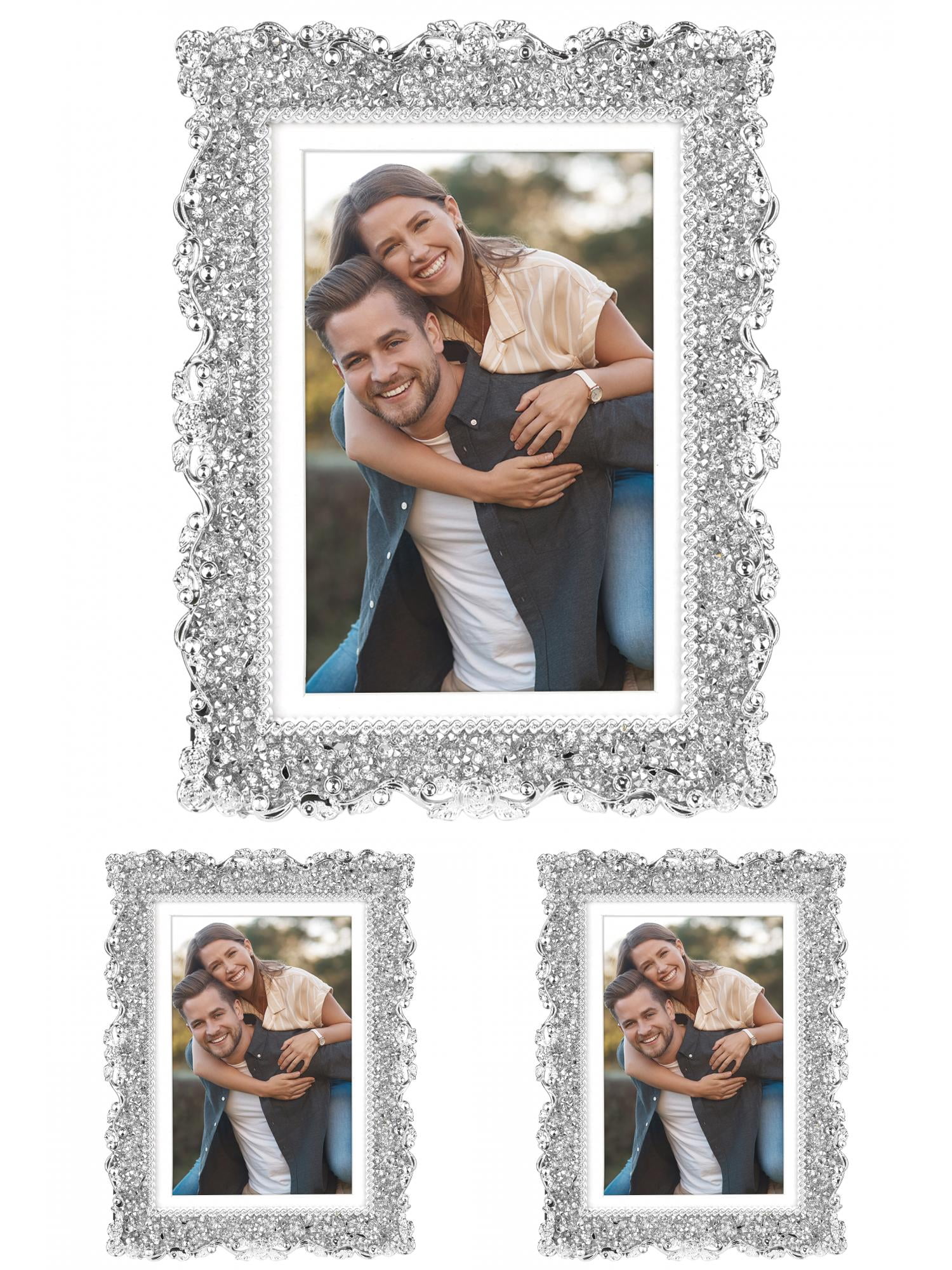 Unique Bargains Plated Picture Frame with Crystal Photo Frames Silver Oval Shape Silver Rectangle -3Pcs 4x6