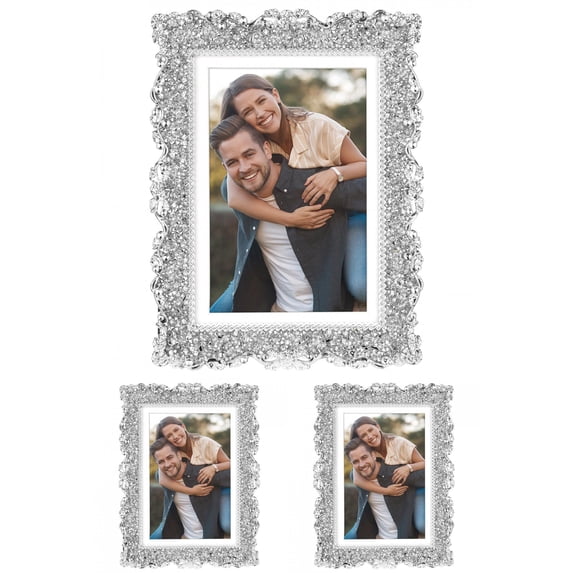 Unique Bargains Plated Picture Frame with Crystal Photo Frames Silver Oval Shape Silver Rectangle -3Pcs 4x6