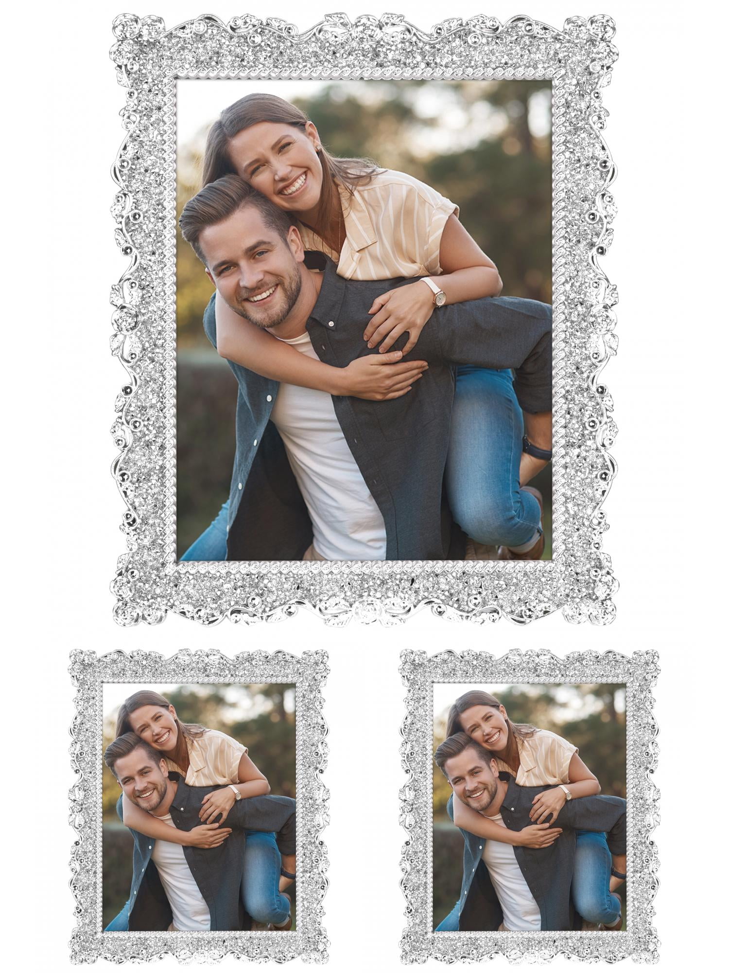 Unique Bargains Plated Picture Frame with Crystal Photo Frames Silver Oval Shape Silver Rectangle -3Pcs 8x10