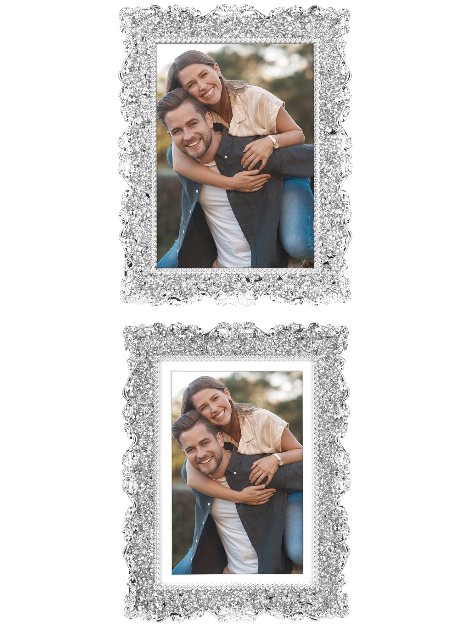 Unique Bargains Plated Picture Frame with Crystal Photo Frames Silver Oval Shape Silver Rectangle 4x6/5x7