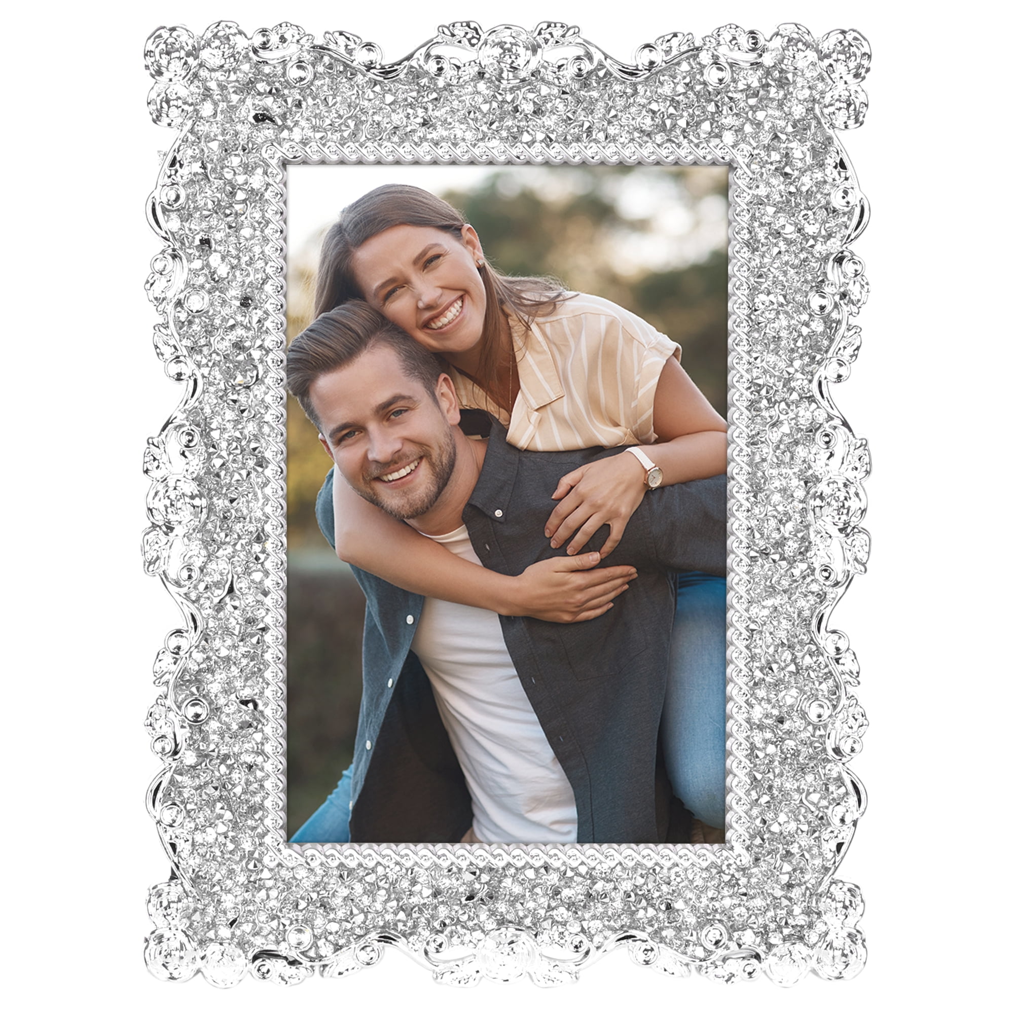Unique Bargains Plated Picture Frame with Crystal Photo Frames Silver Rectangle 4.5x6.5 in