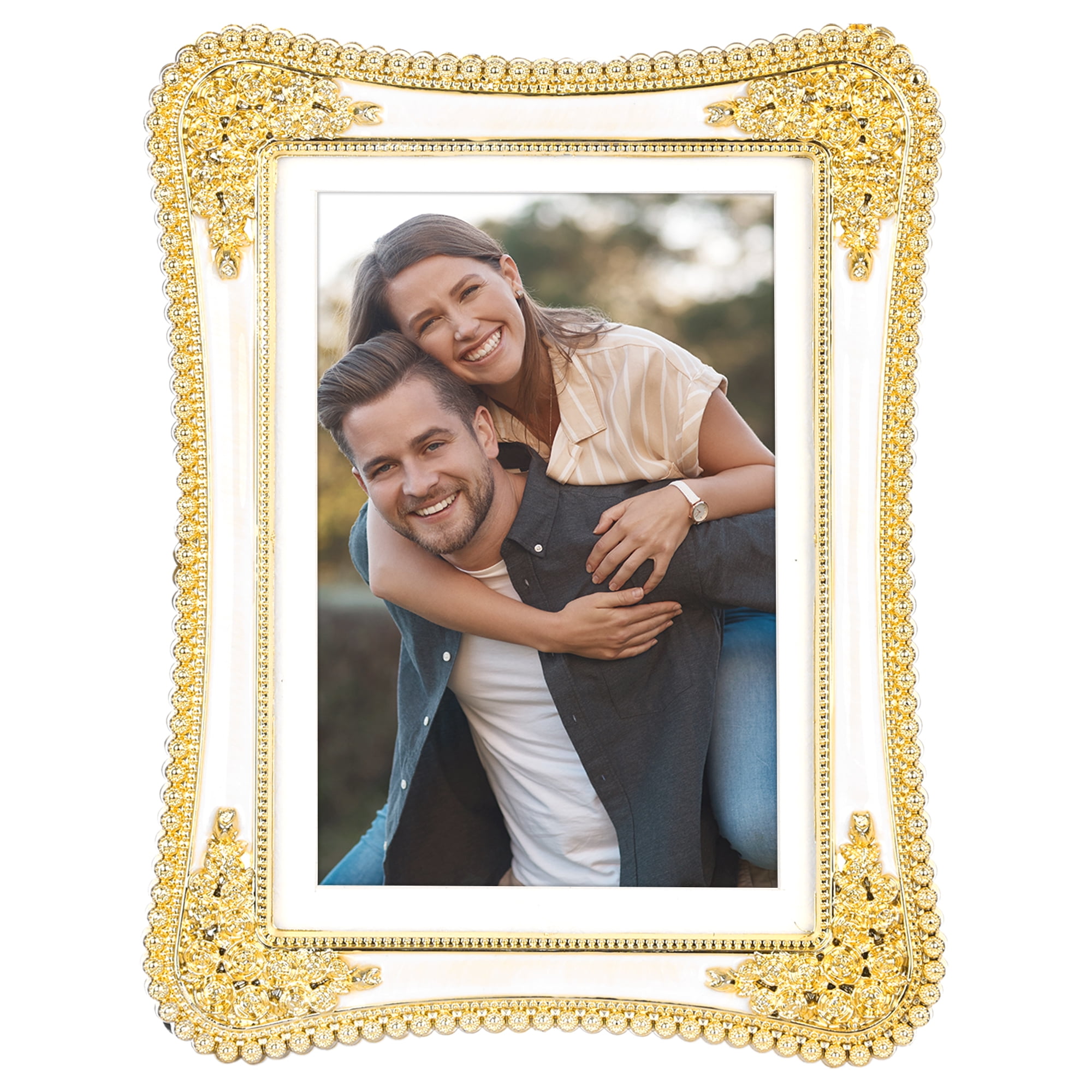 Unique Bargains Plated Picture Frame with Crystal Tabletop Decor Gold and White 4x6 in