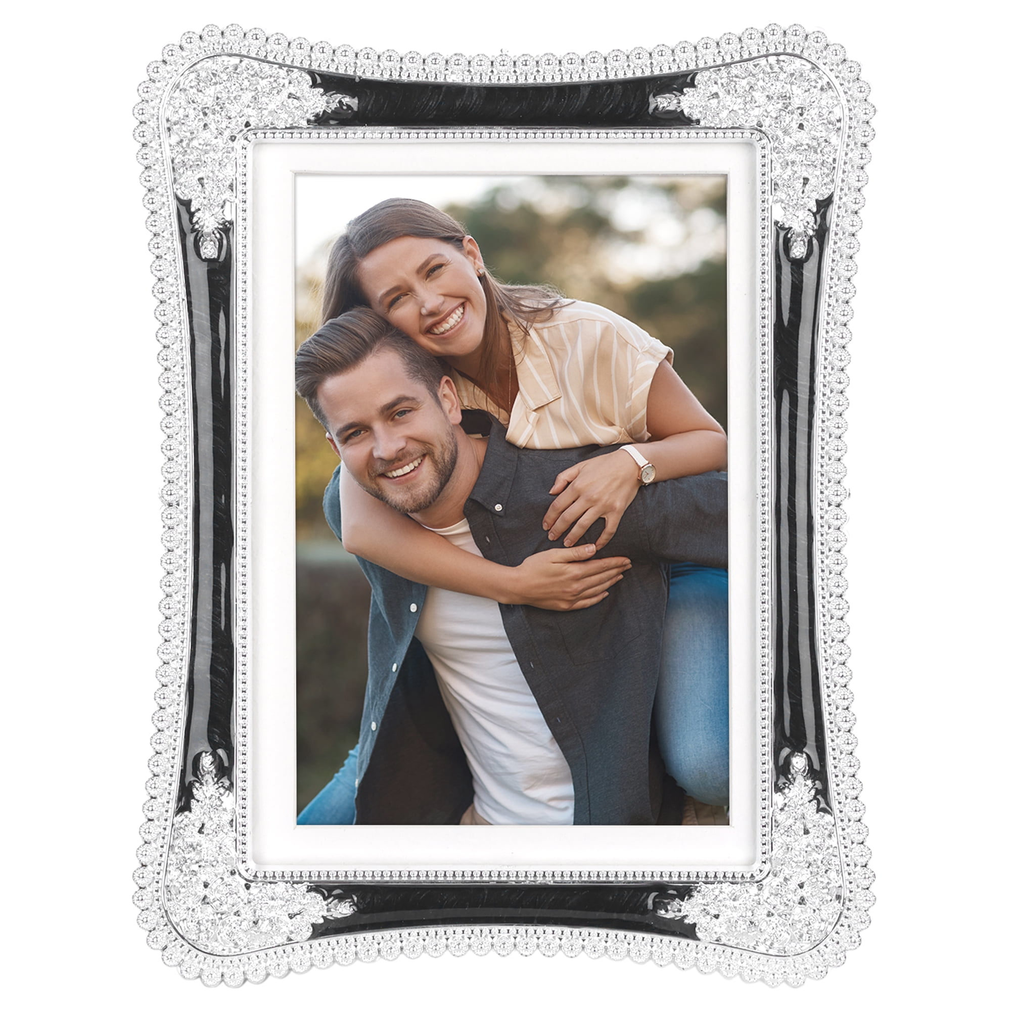 Unique Bargains Plated Picture Frame with Crystal Tabletop Decor Silver and Black 4x6 in