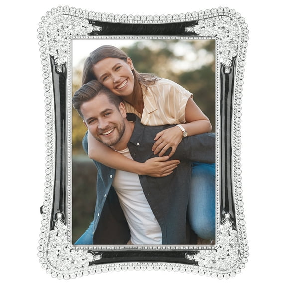 Unique Bargains Plated Picture Frame with Crystal Tabletop Decor Silver and Black 5x7 in