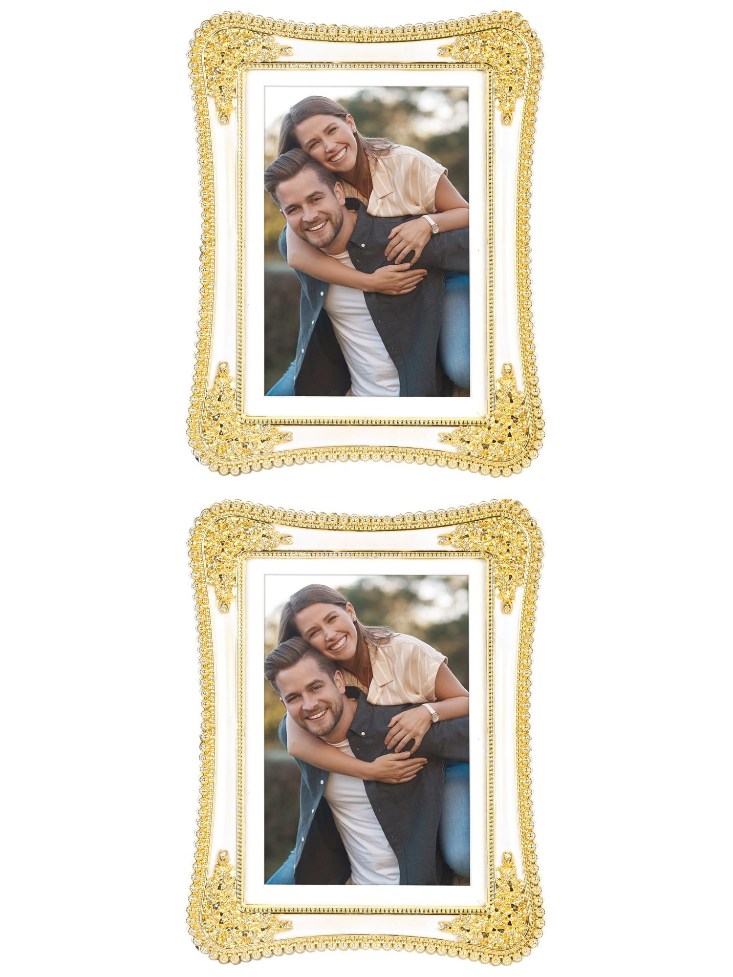 Unique Bargains Plated Picture Frame with Crystal Tabletop Decor Silver and White 5x7 in Gold and White -2Pcs 4x6