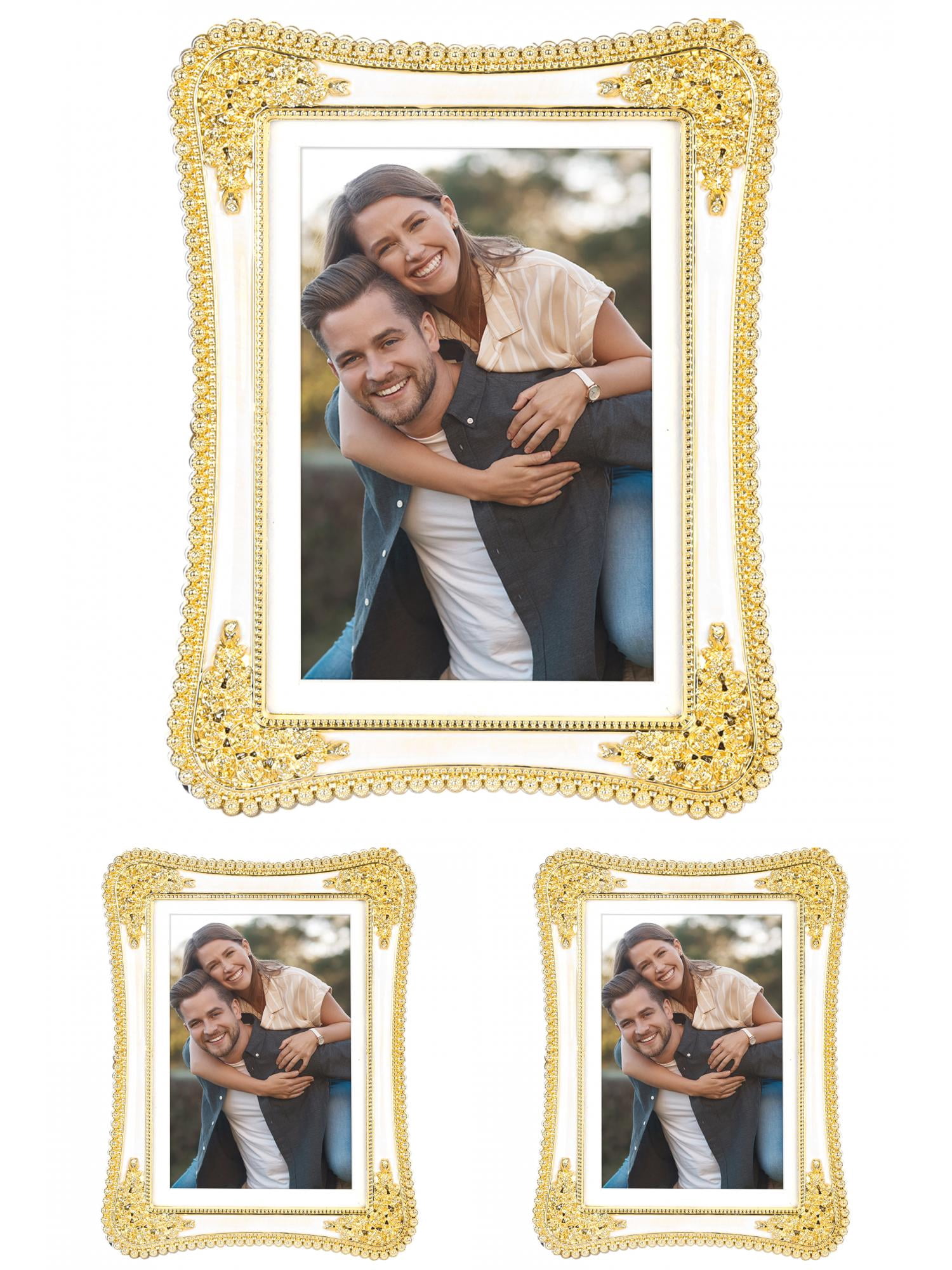 Unique Bargains Plated Picture Frame with Crystal Tabletop Decor Silver and White 5x7 in Gold and White -3Pcs 4x6