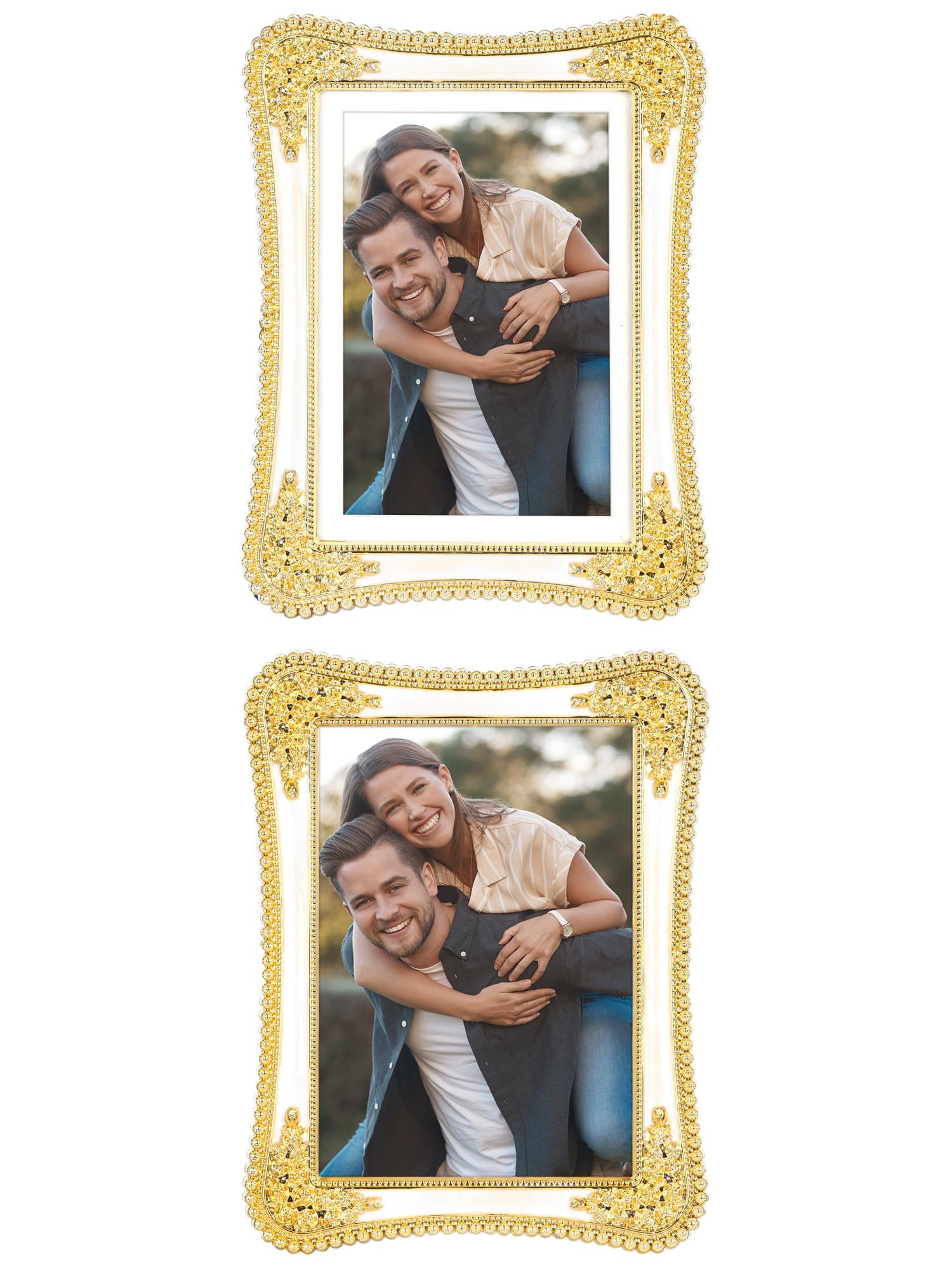 Unique Bargains Plated Picture Frame with Crystal Tabletop Decor Silver and White 5x7 in Gold and White 4x6/5x7