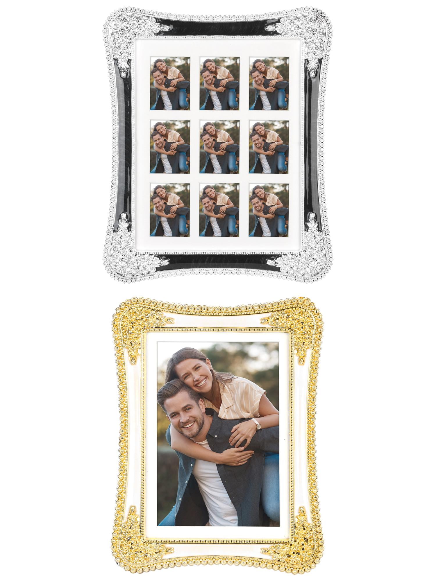 Unique Bargains Plated Picture Frame with Crystal Tabletop Decor Silver and White 5x7 in Gold and White/Silver and Black 4x6