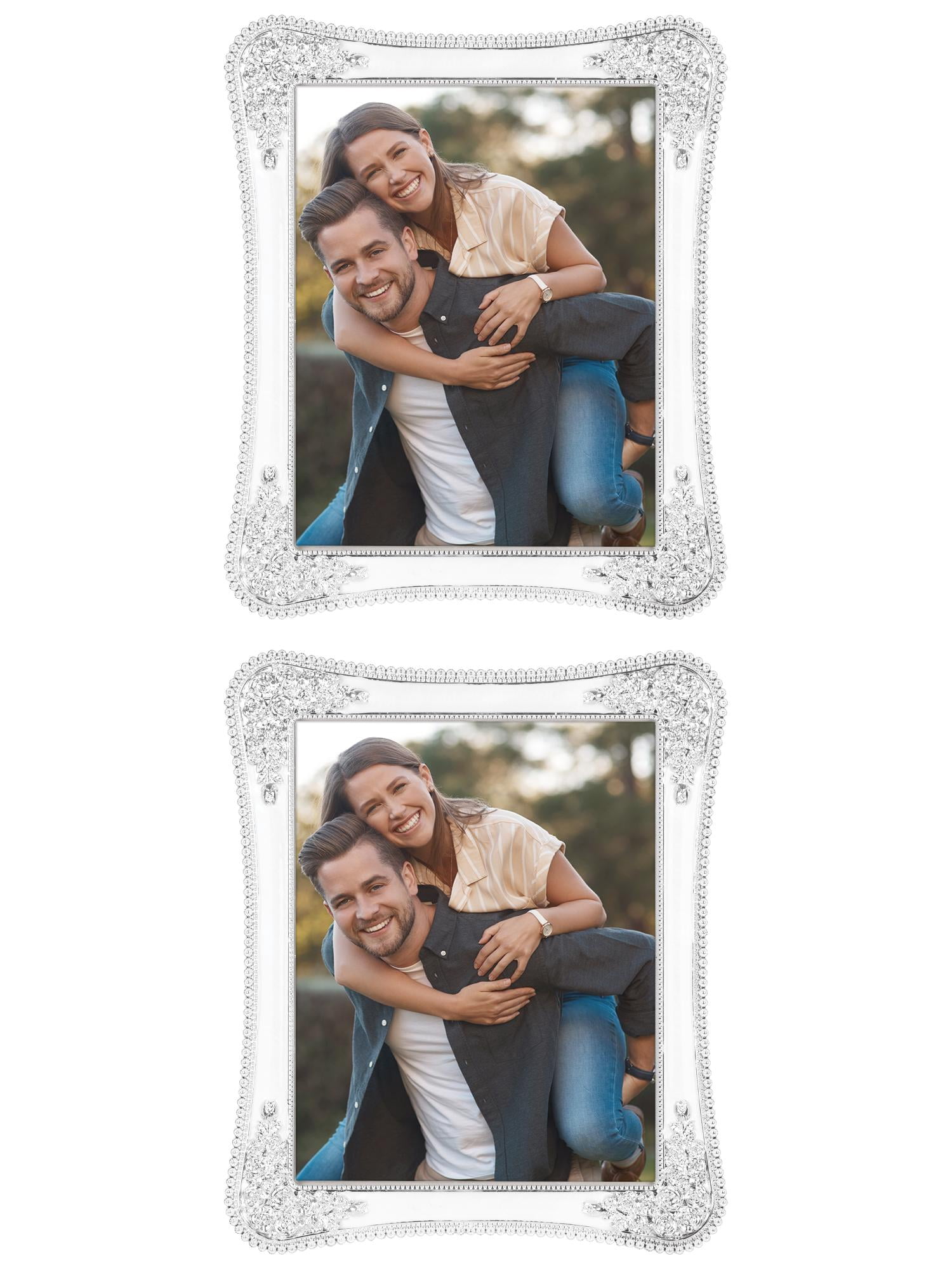 Unique Bargains Plated Picture Frame with Crystal Tabletop Decor Silver and White 5x7 in Silver and White -2Pcs 5x7