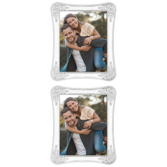 Unique Bargains Plated Picture Frame with Crystal Tabletop Decor Silver and White 5x7 in Silver and White -2Pcs 5x7