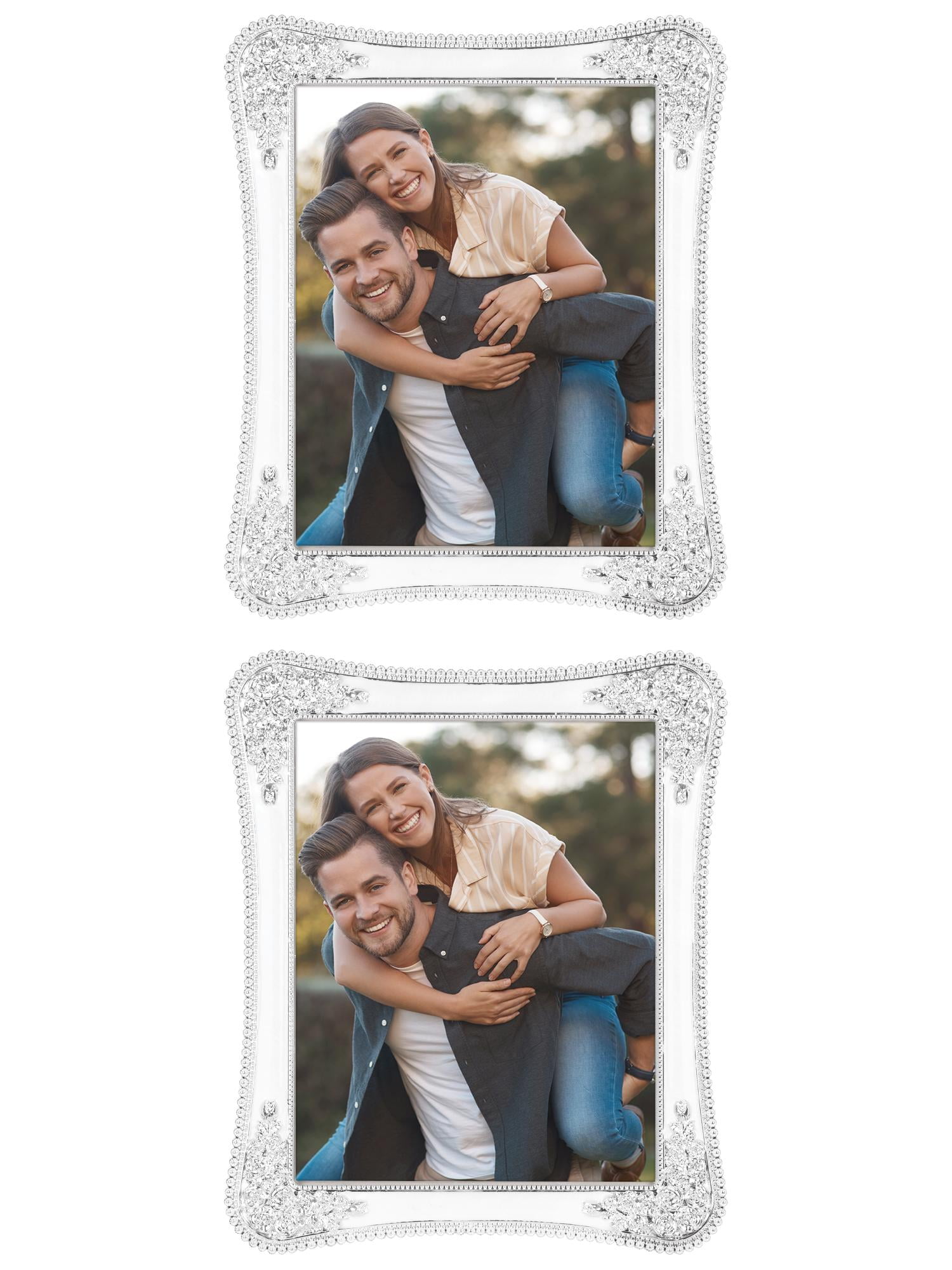 Unique Bargains Plated Picture Frame with Crystal Tabletop Decor Silver and White 5x7 in Silver and White -2Pcs 7x10