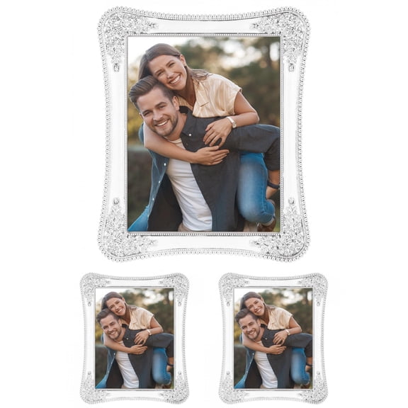 Unique Bargains Plated Picture Frame with Crystal Tabletop Decor Silver and White 5x7 in Silver and White -3Pcs 5x7