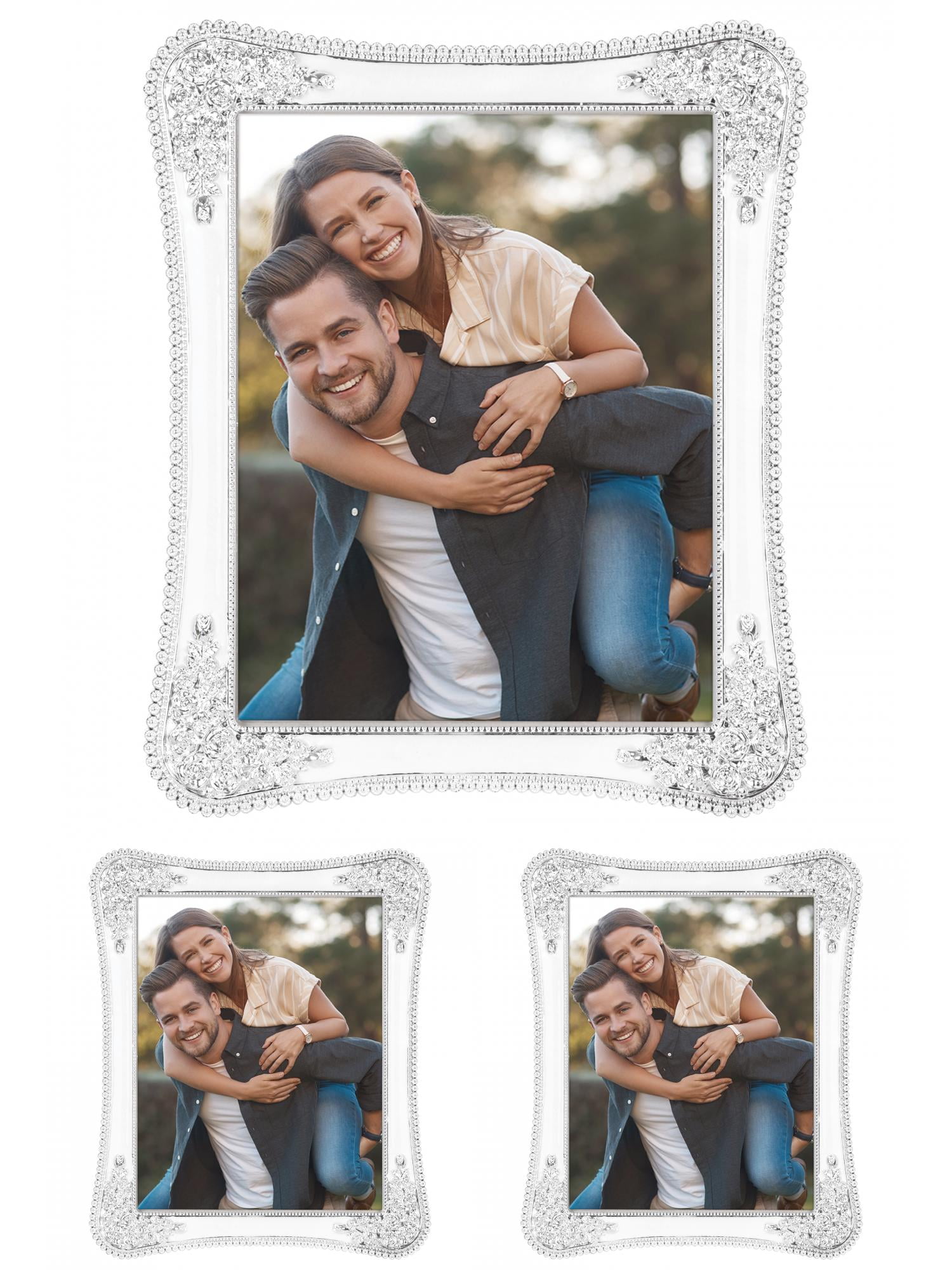 Unique Bargains Plated Picture Frame with Crystal Tabletop Decor Silver and White 5x7 in Silver and White -3Pcs 7x10