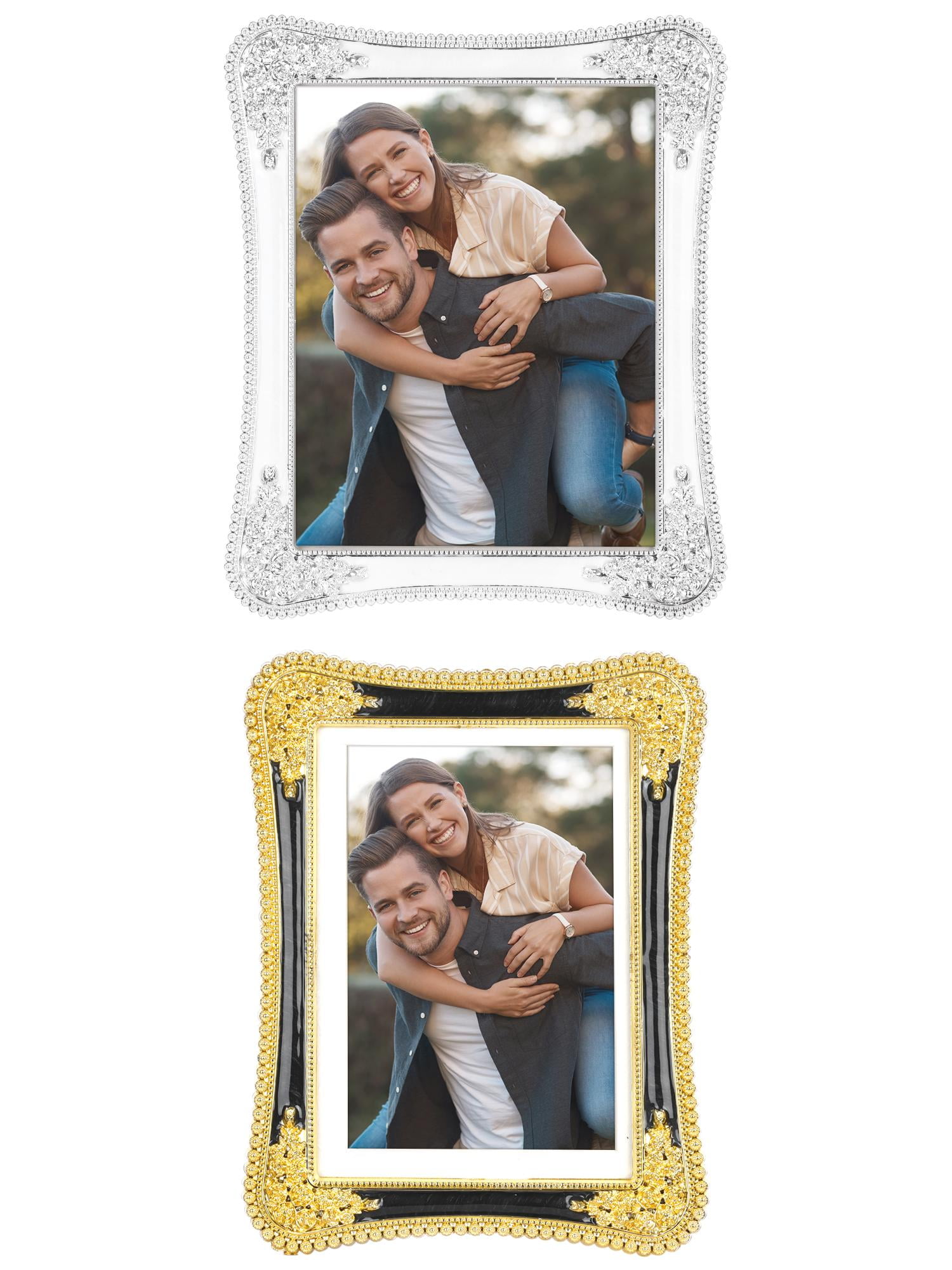Unique Bargains Plated Picture Frame with Crystal Tabletop Decor Silver and White 5x7 in Silver and White/Gold and Black 4x6