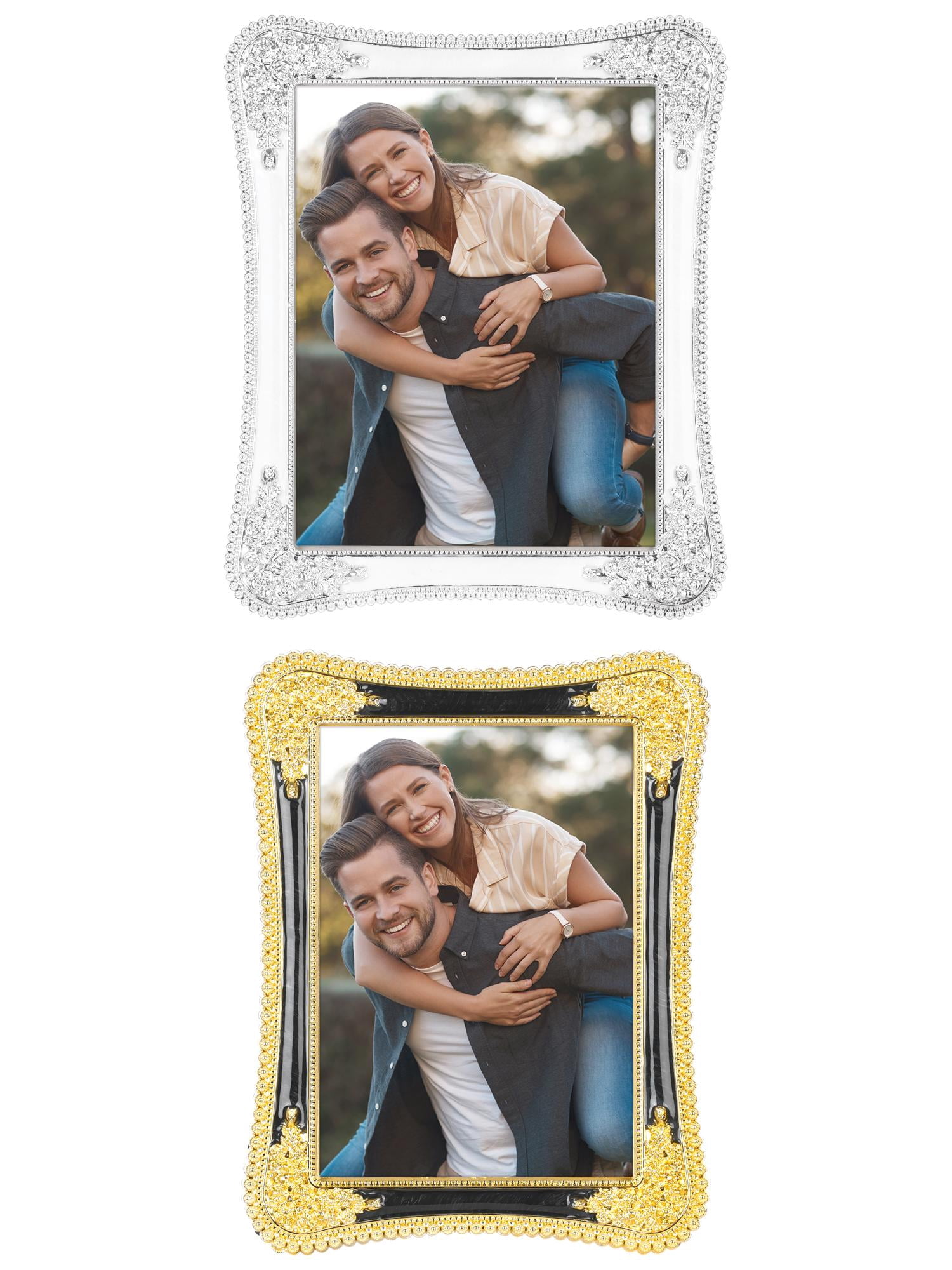 Unique Bargains Plated Picture Frame with Crystal Tabletop Decor Silver and White 5x7 in Silver and White/Gold and Black 5x7