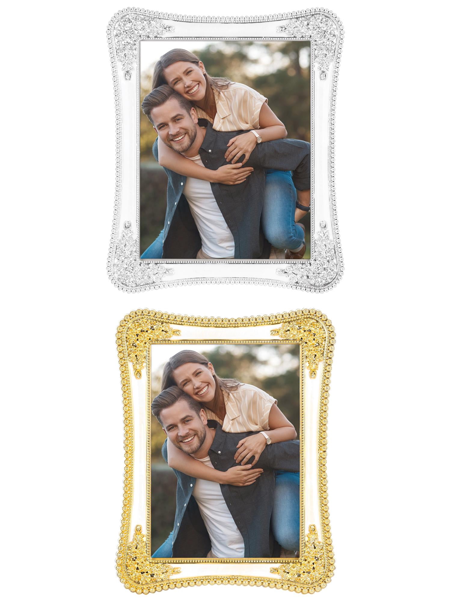 Unique Bargains Plated Picture Frame with Crystal Tabletop Decor Silver and White 5x7 in Silver and White/Gold and White 5x7