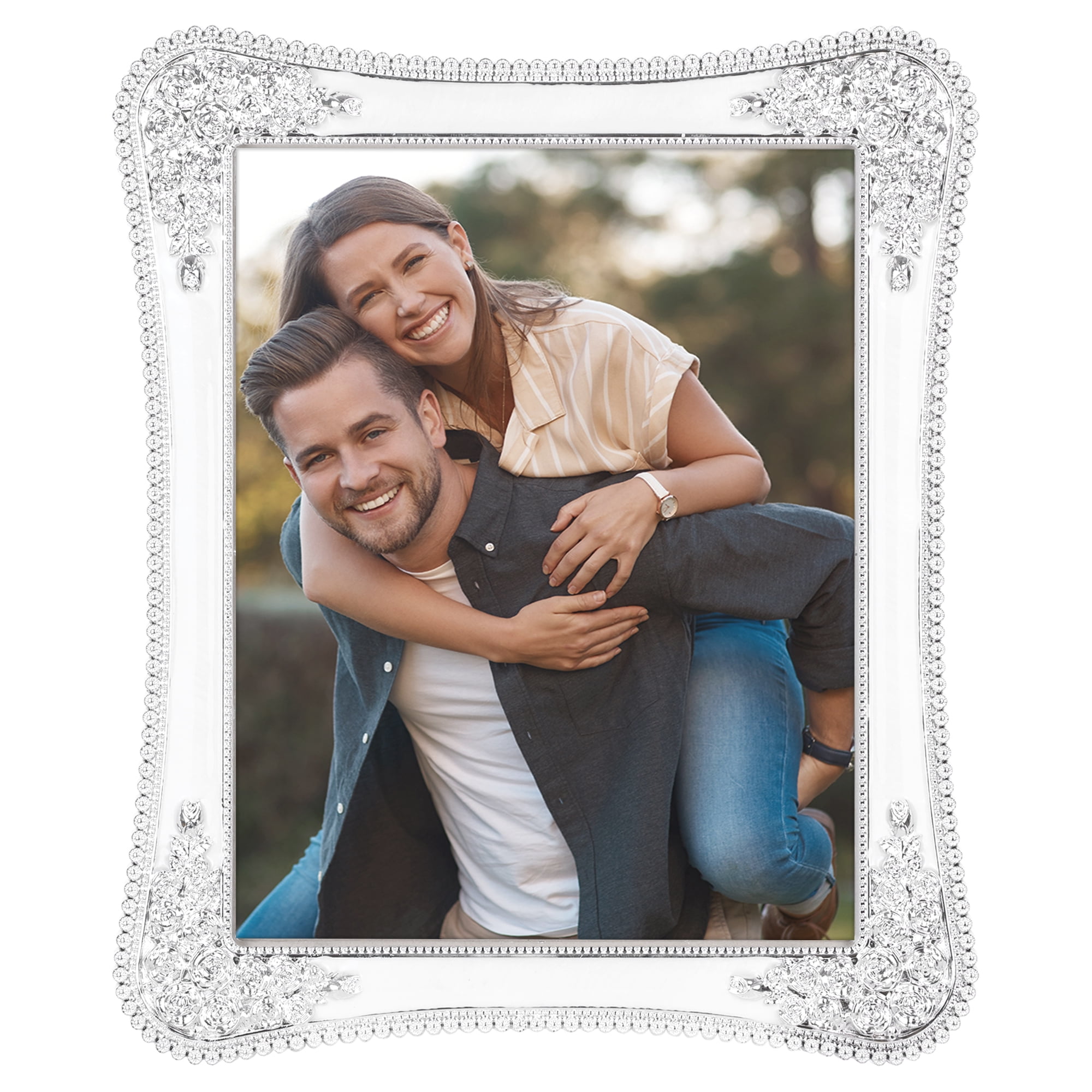 Unique Bargains Plated Picture Frame with Crystal Tabletop Decor Silver and White 7x10 in