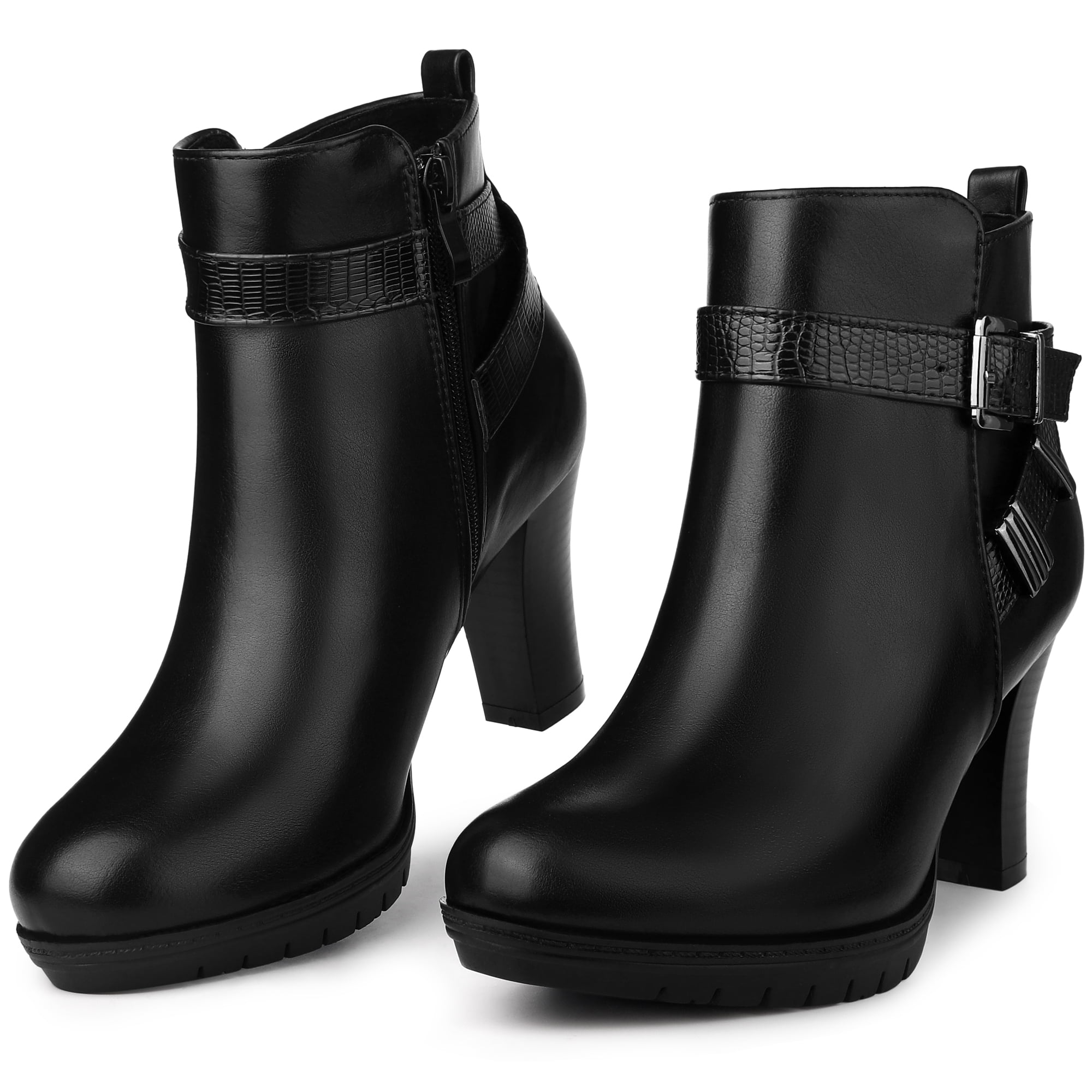 Unique Bargains Platform Block Heel Boots Buckle Ankle Boots for