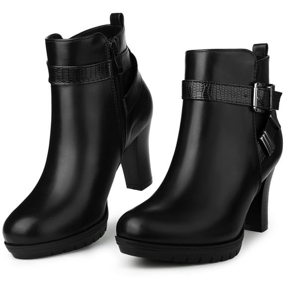 Unique Bargains Platform Block Heel Boots Buckle Ankle Boots for Women Black 9