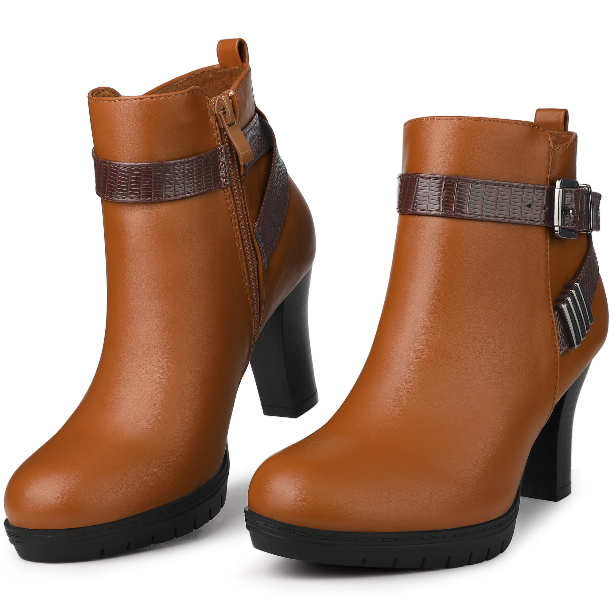 Unique Bargains Platform Block Heel Boots Buckle Ankle Boots for Women Brown 9.5