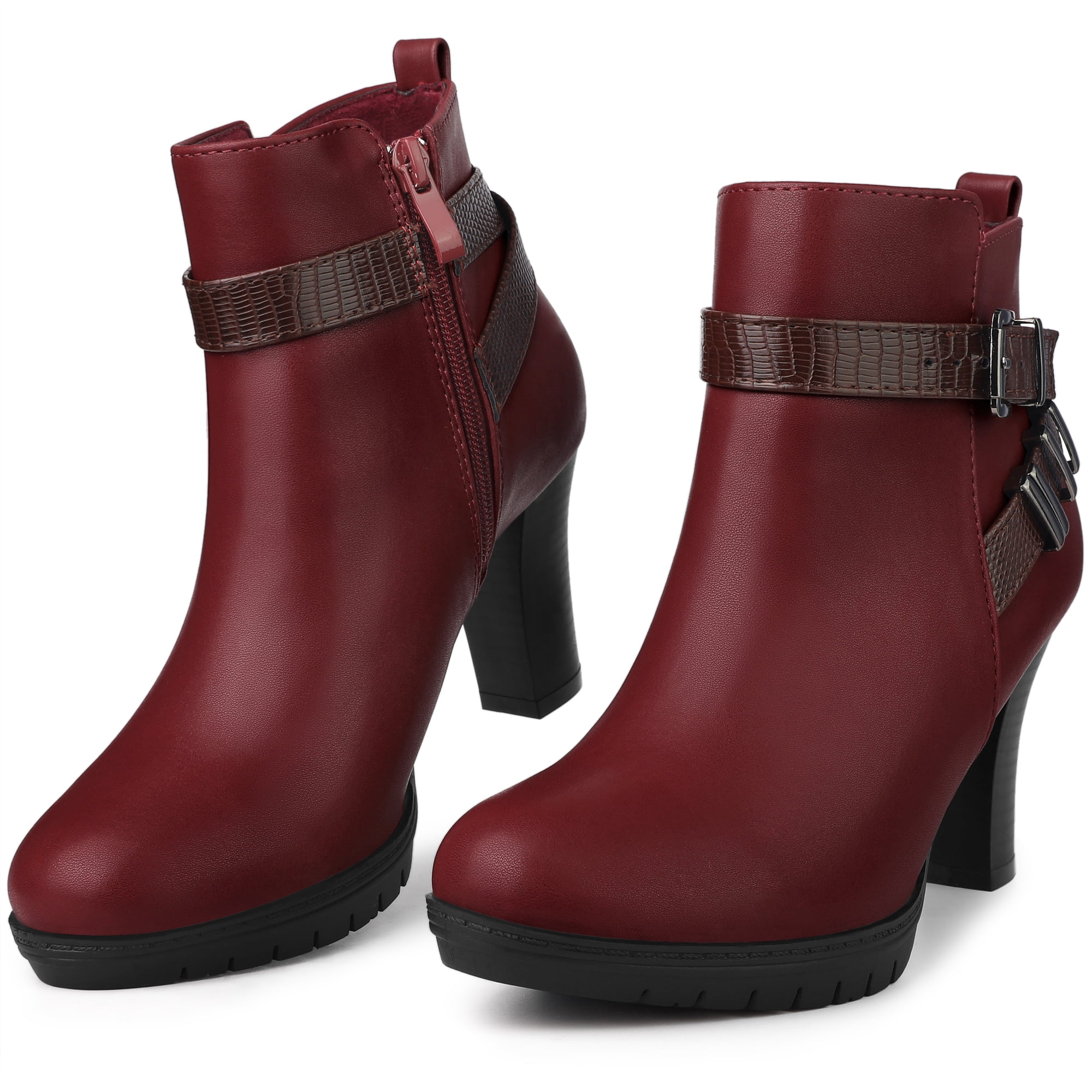 Unique Bargains Platform Block Heel Boots Buckle Ankle Boots for Women Burgundy 6.5 Walmart