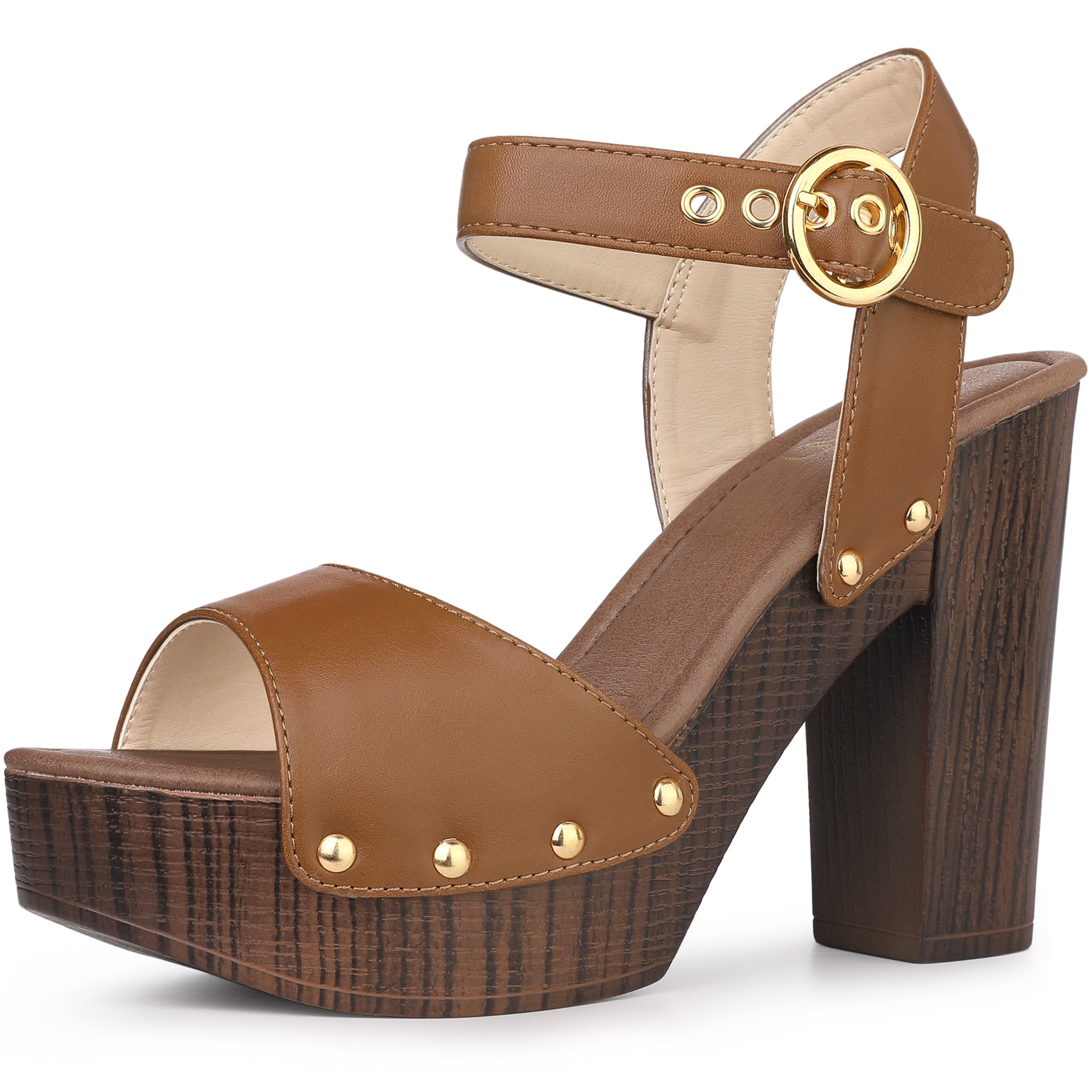 Unique Bargains Platform Buckle Ankle Strap Chunky High Heels Sandals for Women Brown 7