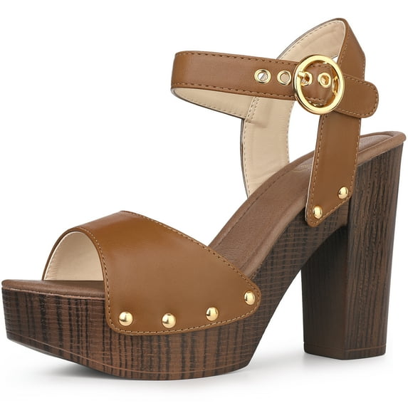 Unique Bargains Platform Buckle Ankle Strap Chunky High Heels Sandals for Women Brown 8