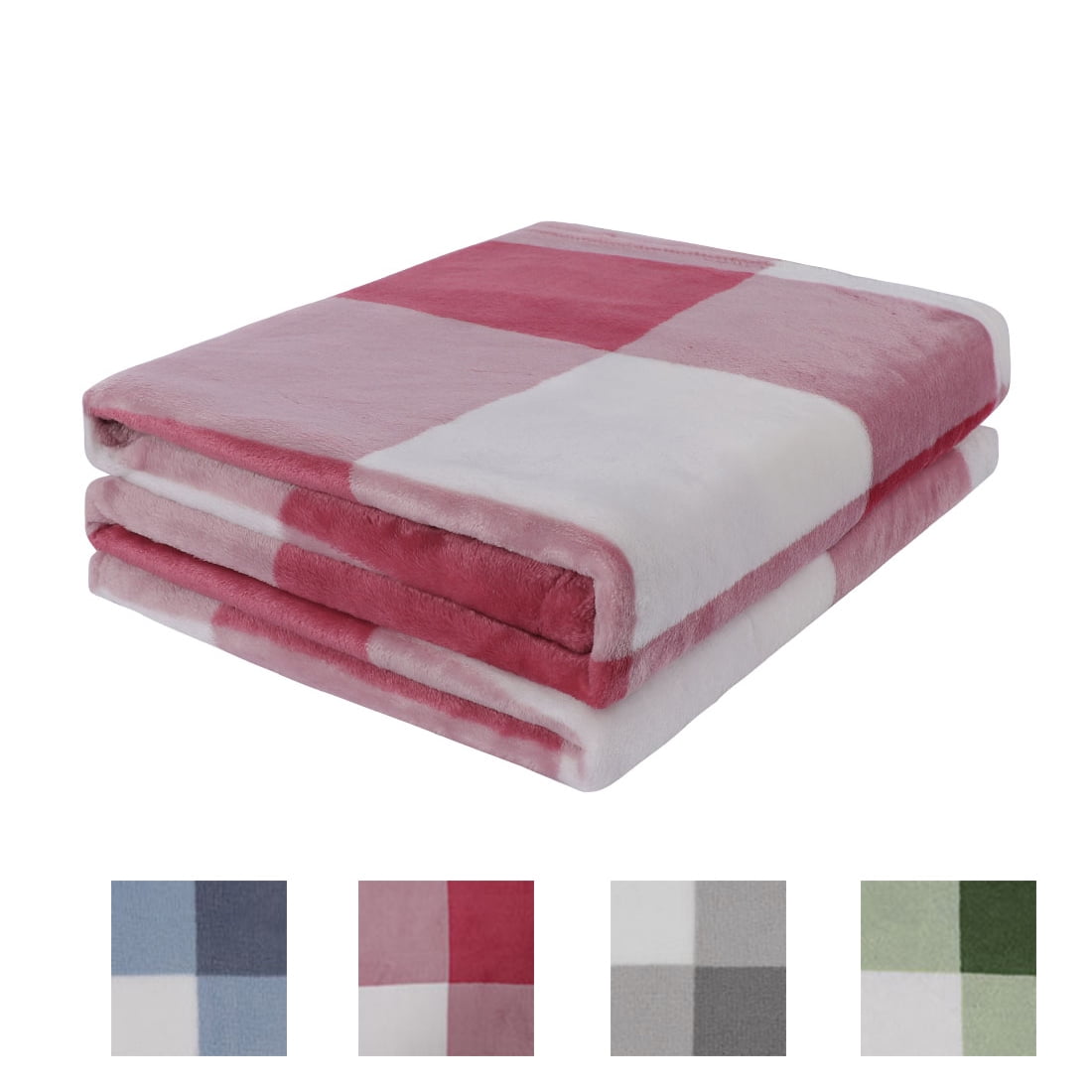 Unique Bargains Plush Buffalo Reversible Plaid Flannel Fleece Blanket, Twin, Blush+White