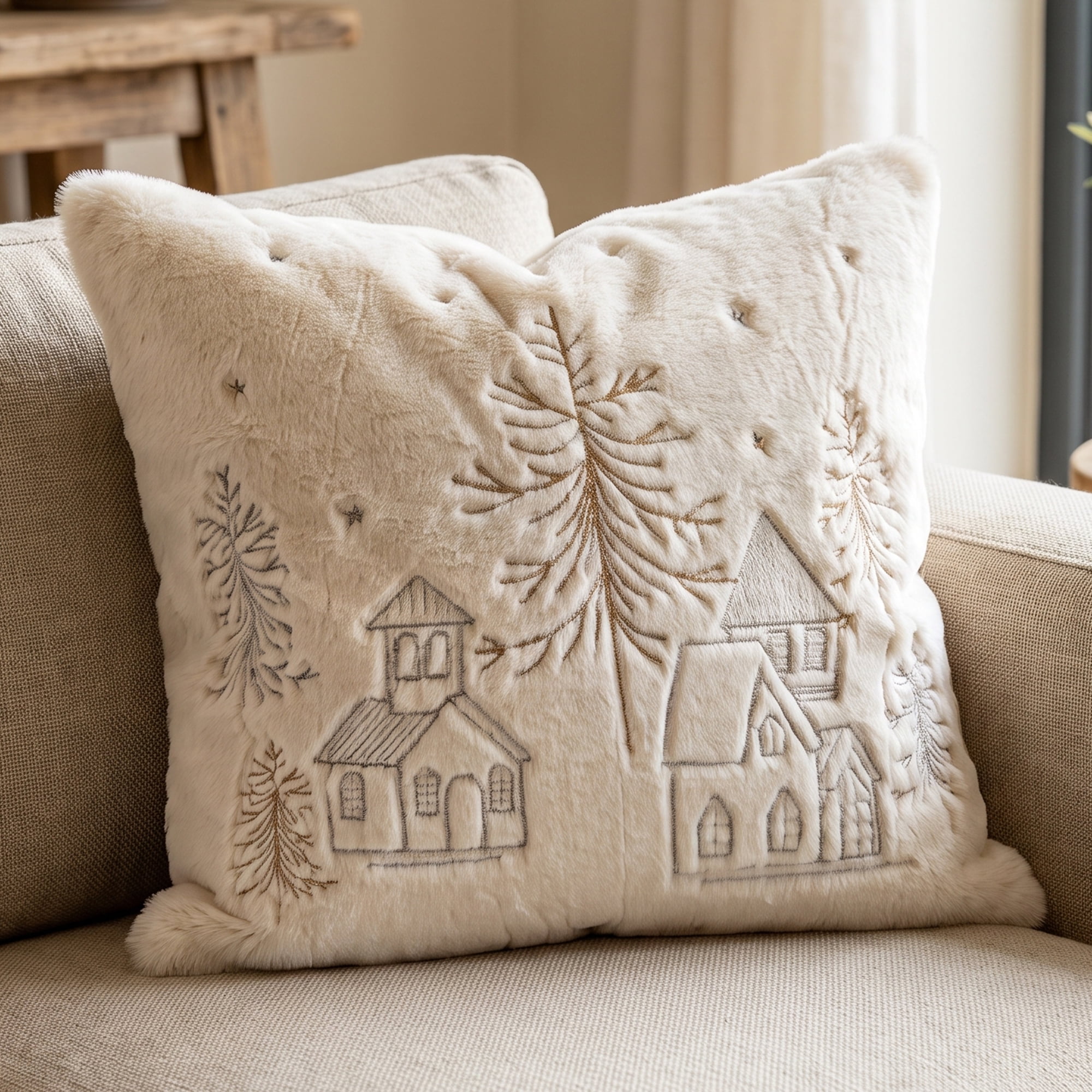 Unique Bargains Plush Embroidered Throw Pillow Cover Cushion Case Village 18"x18"