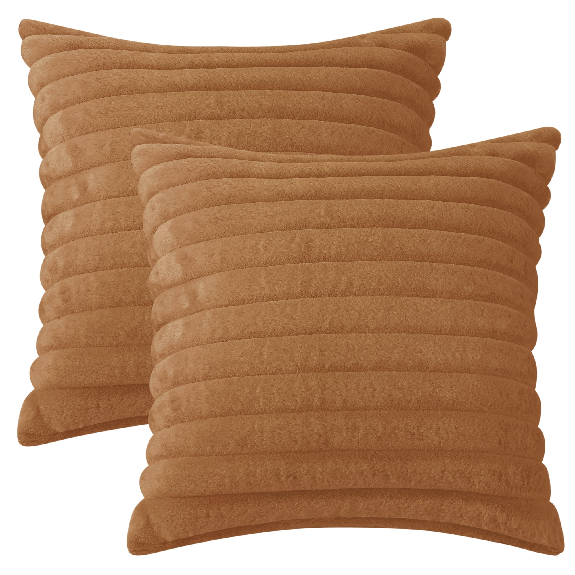 Unique Bargains Plush Faux Fur Solid Striped Throw Decorative Pillow Covers (2 Count) Light Brown 18"x18"