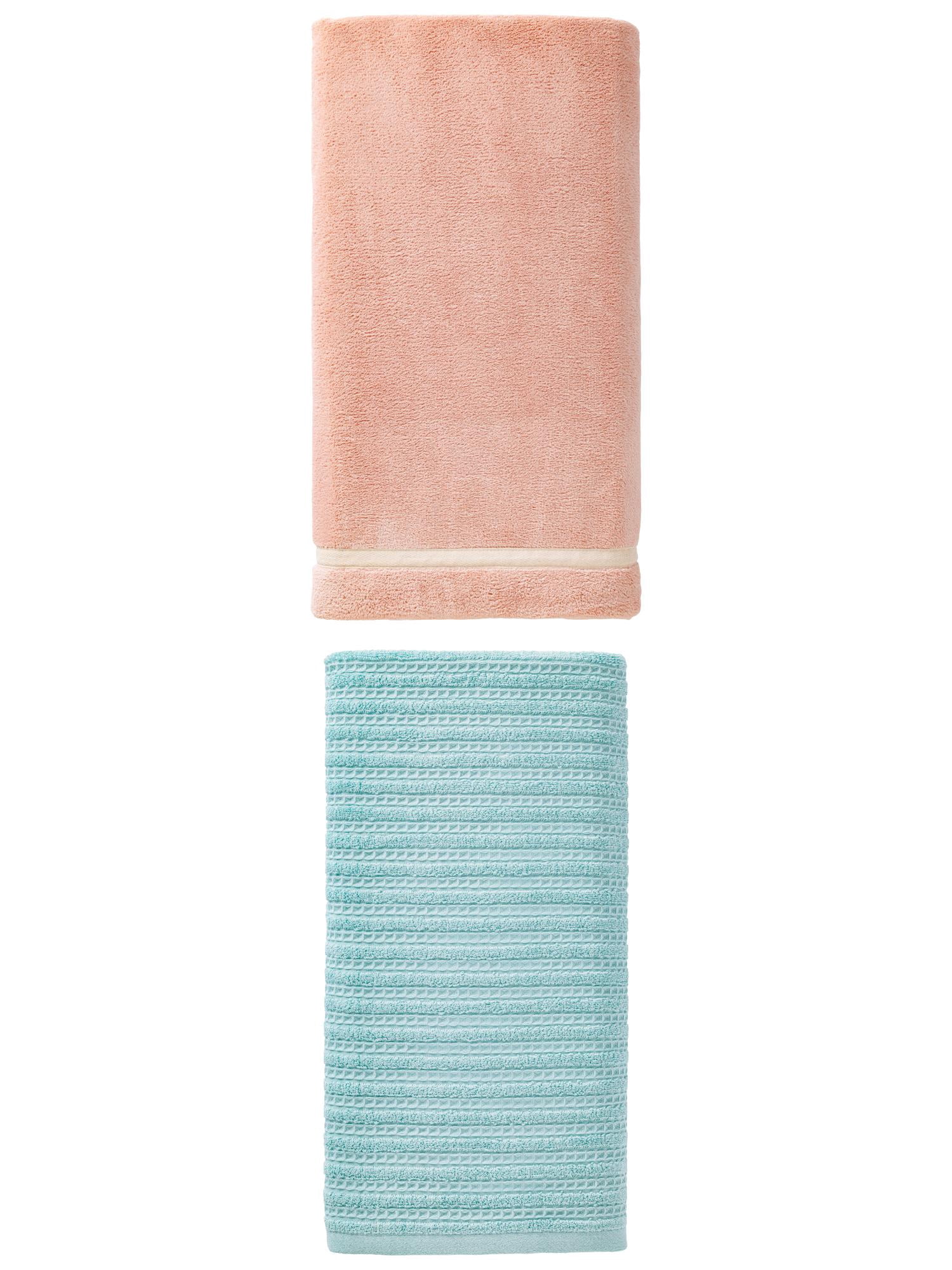 Unique Bargains Plush Gentle Coral Fleece Bath Towel 2 Pack Pink/Blue 63" x 31"/55" x 28"