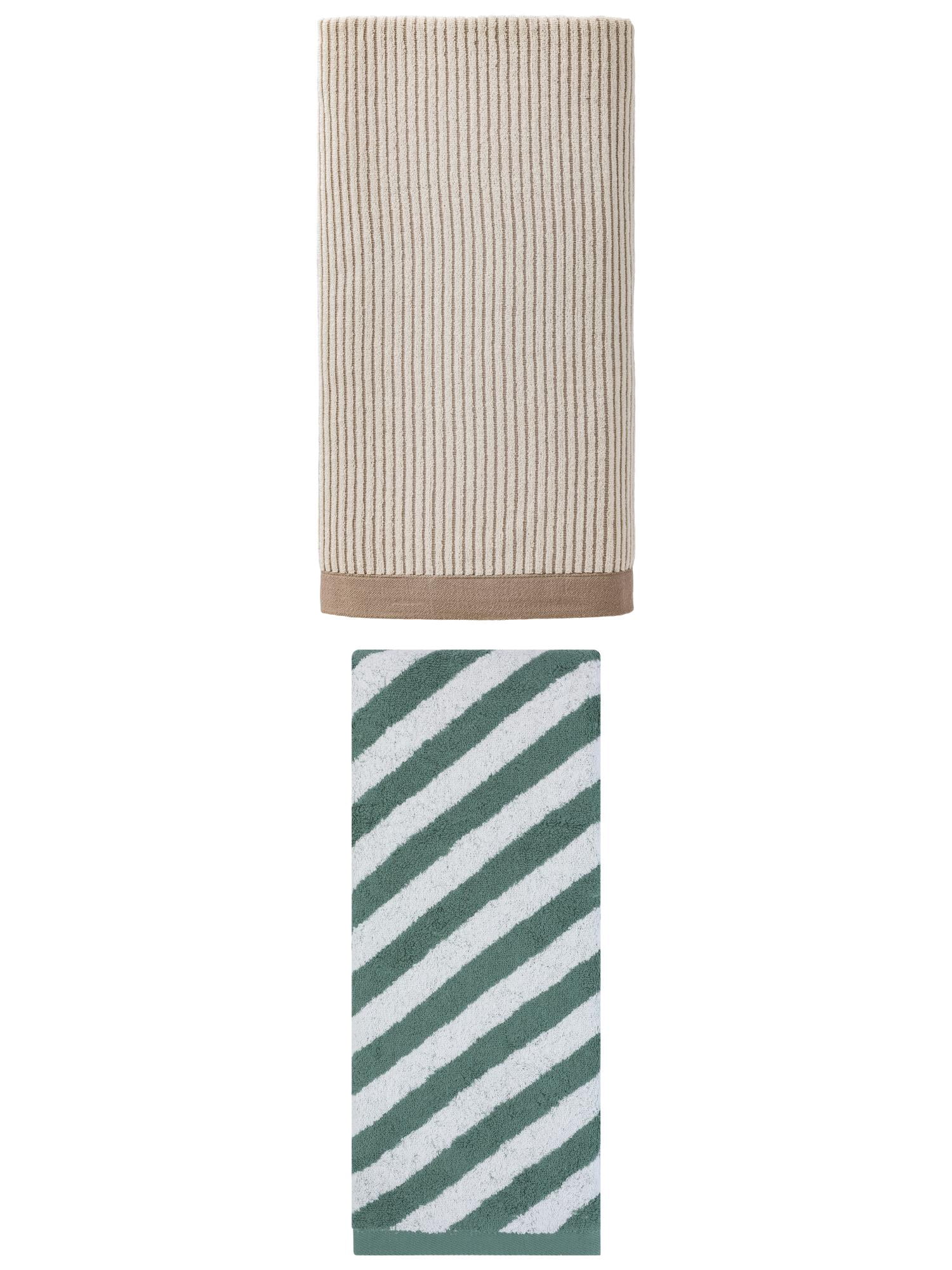 Unique Bargains Plush Ultra Soft Super Absorbent Striped Cotton Bath Towel 2 Pack Brown/Green 55" x 28"