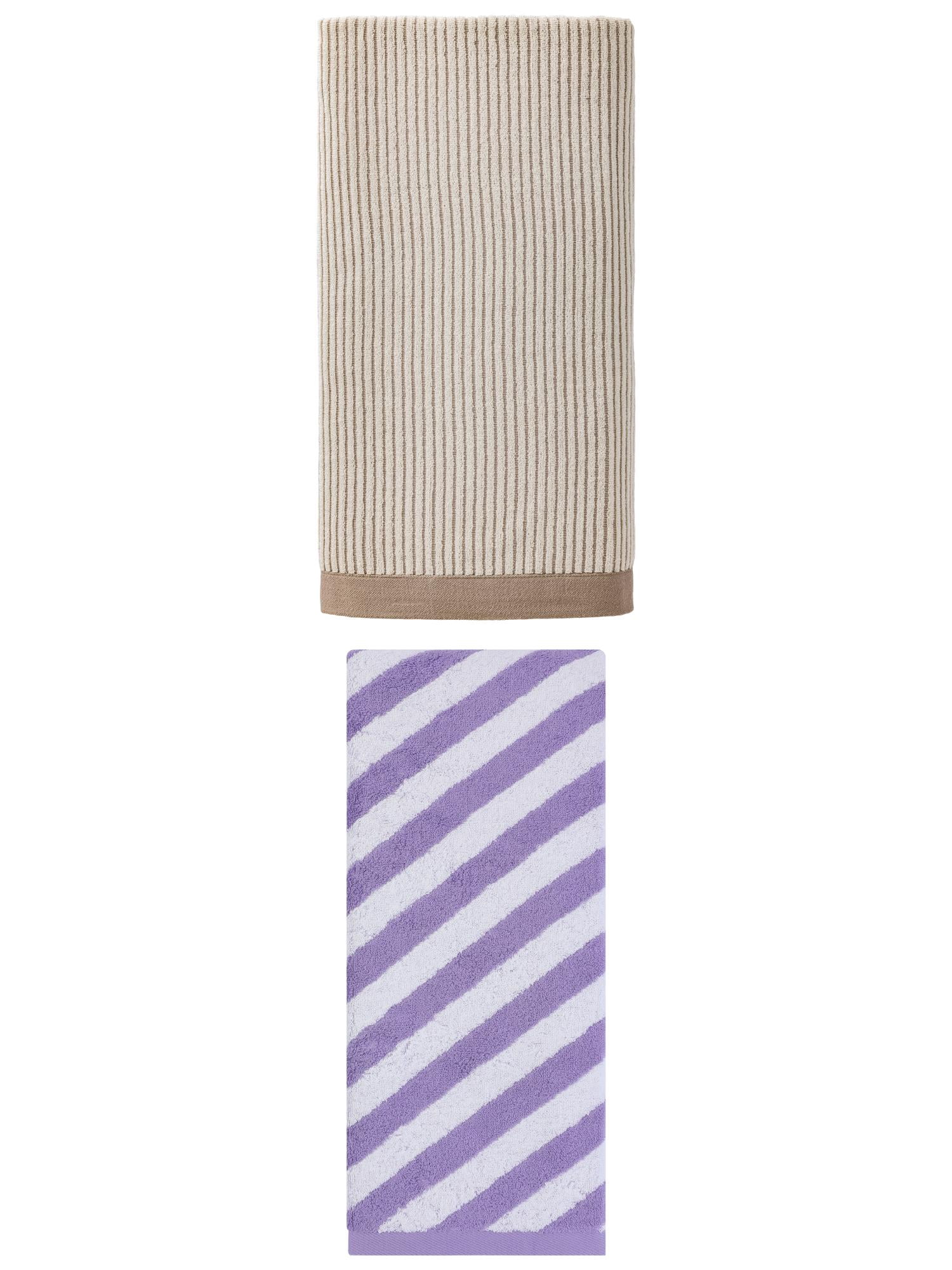 Unique Bargains Plush Ultra Soft Super Absorbent Striped Cotton Bath Towel 2 Pack Brown/Purple 55" x 28"