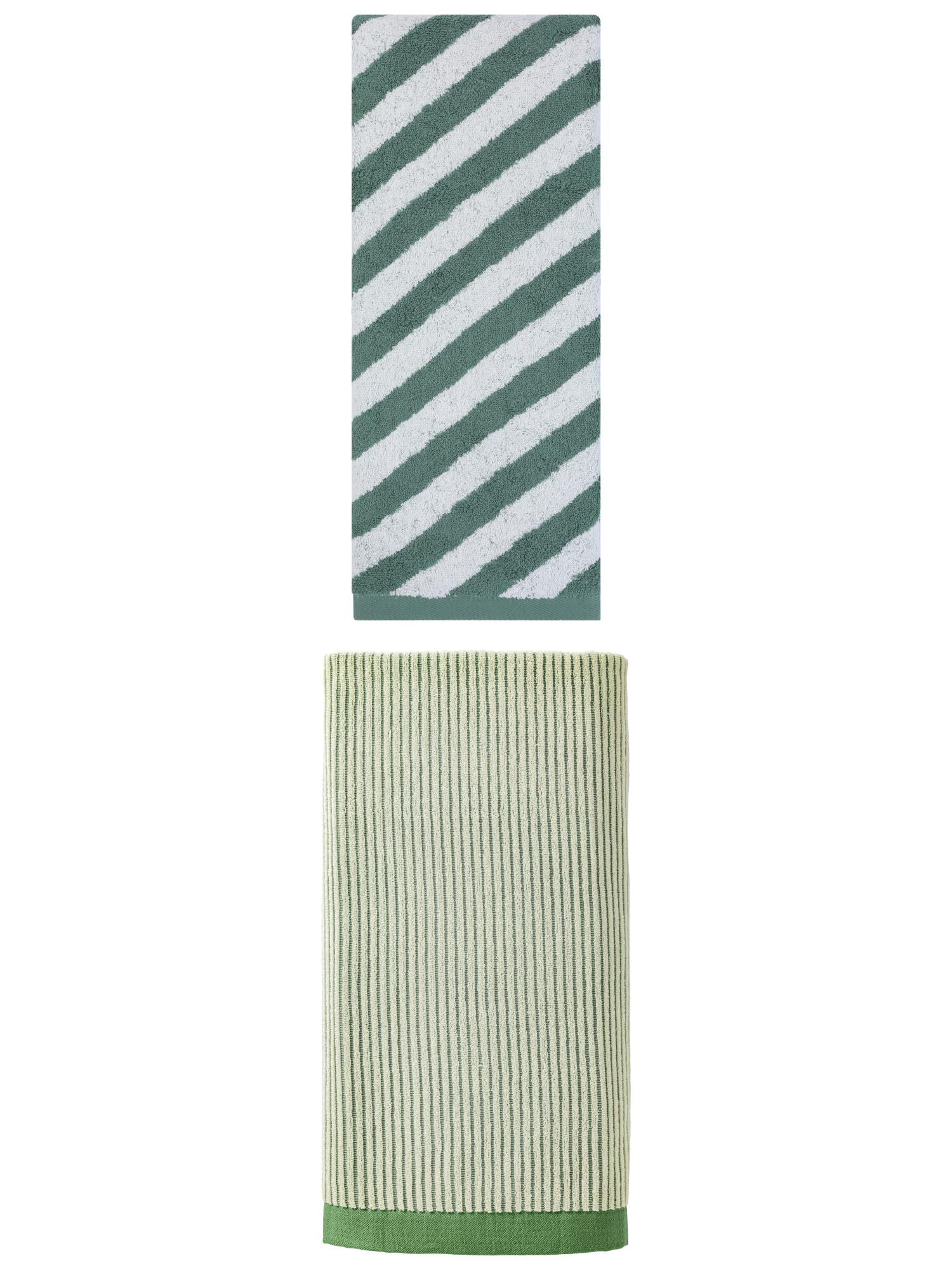 Unique Bargains Plush Ultra Soft Super Absorbent Striped Cotton Bath Towel 2 Pack Green 55" x 28"