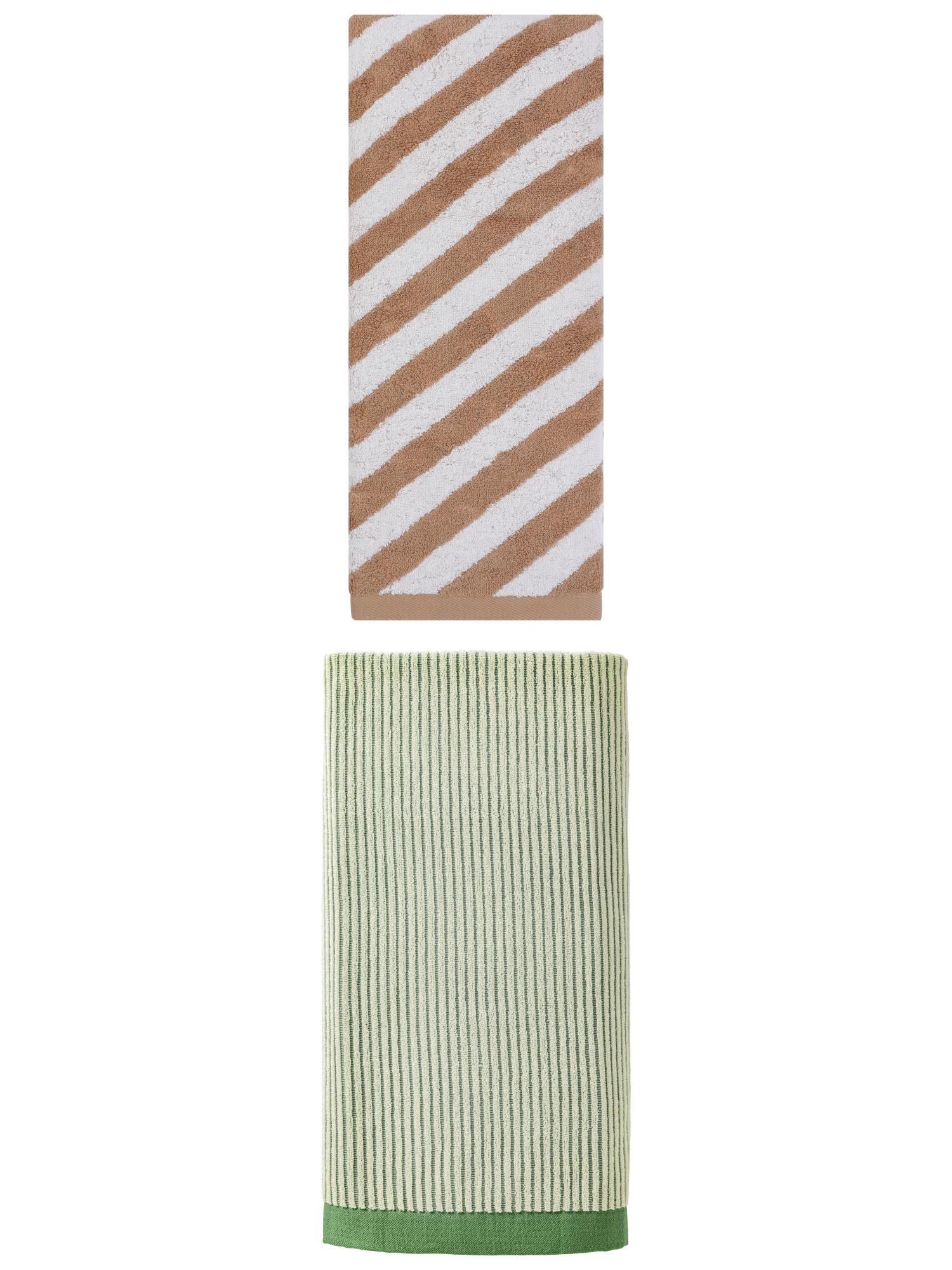 Unique Bargains Plush Ultra Soft Super Absorbent Striped Cotton Bath Towel 2 Pack Green/Brown 55" x 28"