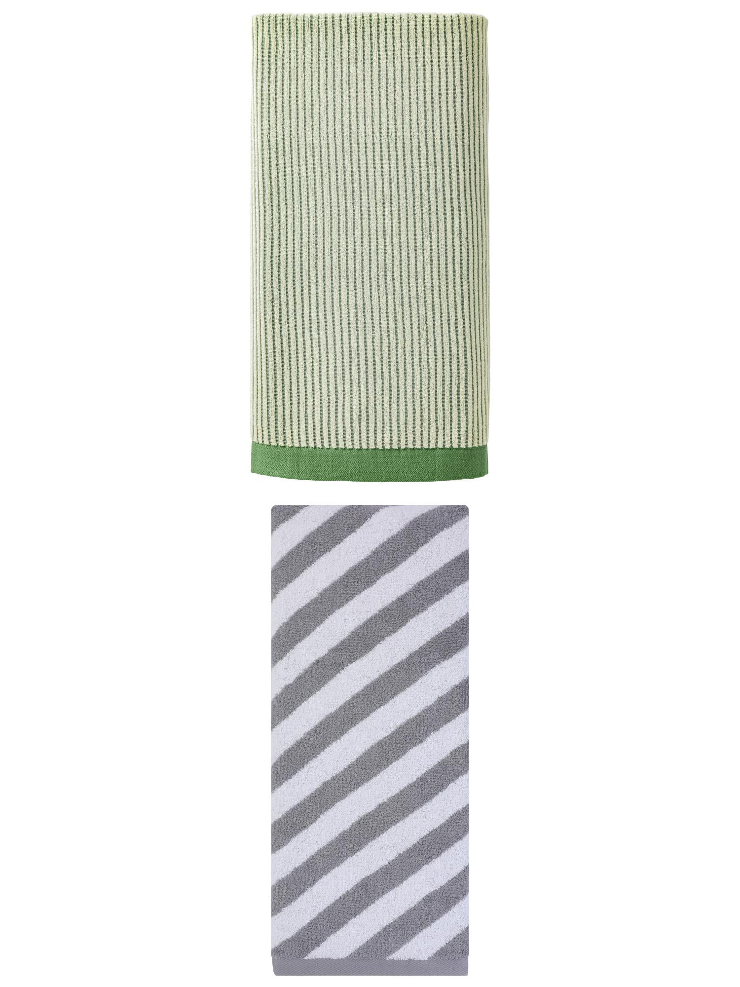 Unique Bargains Plush Ultra Soft Super Absorbent Striped Cotton Bath Towel 2 Pack Green/Grey 55" x 28"