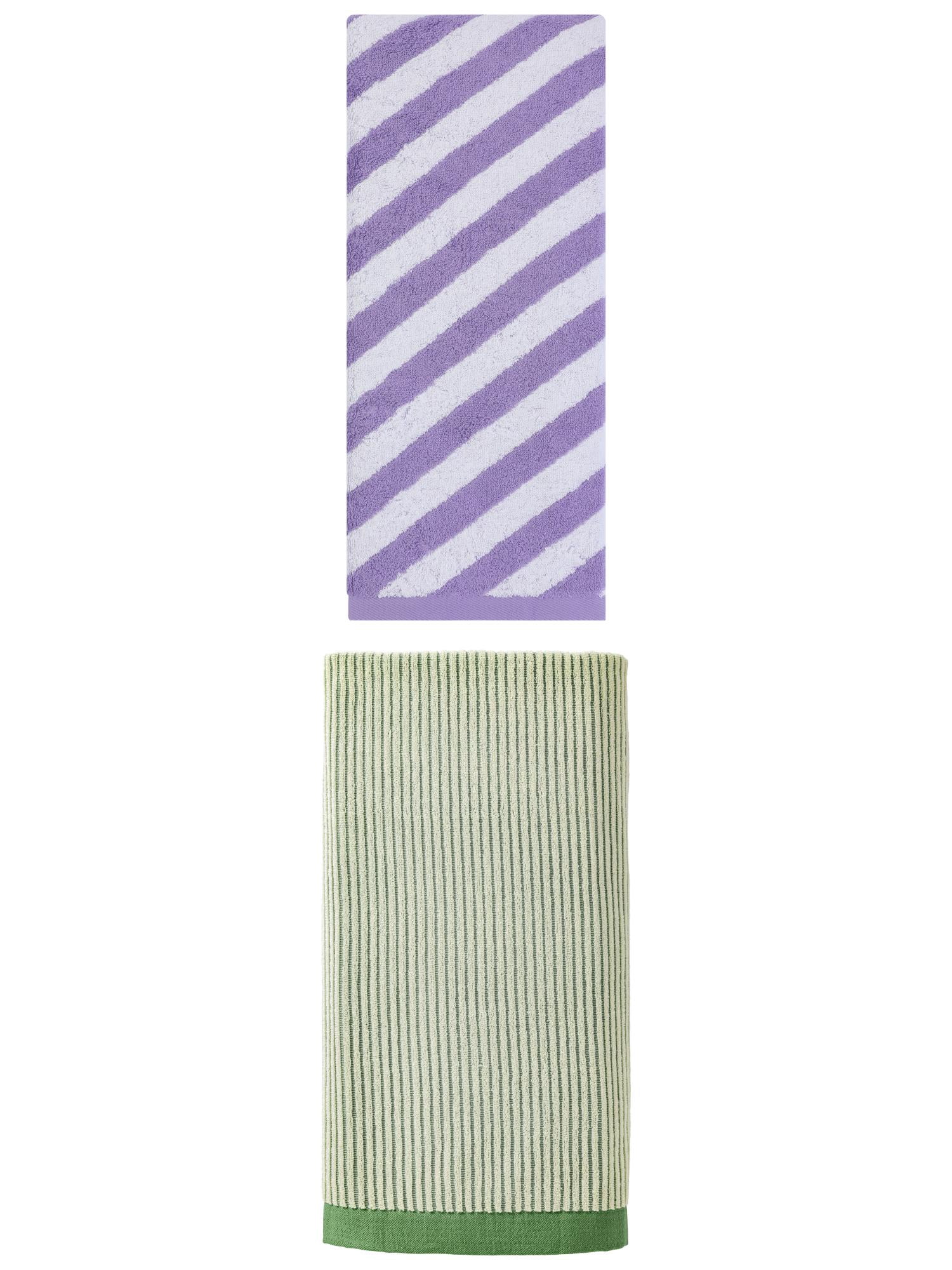 Unique Bargains Plush Ultra Soft Super Absorbent Striped Cotton Bath Towel 2 Pack Green/Purple 55" x 28"