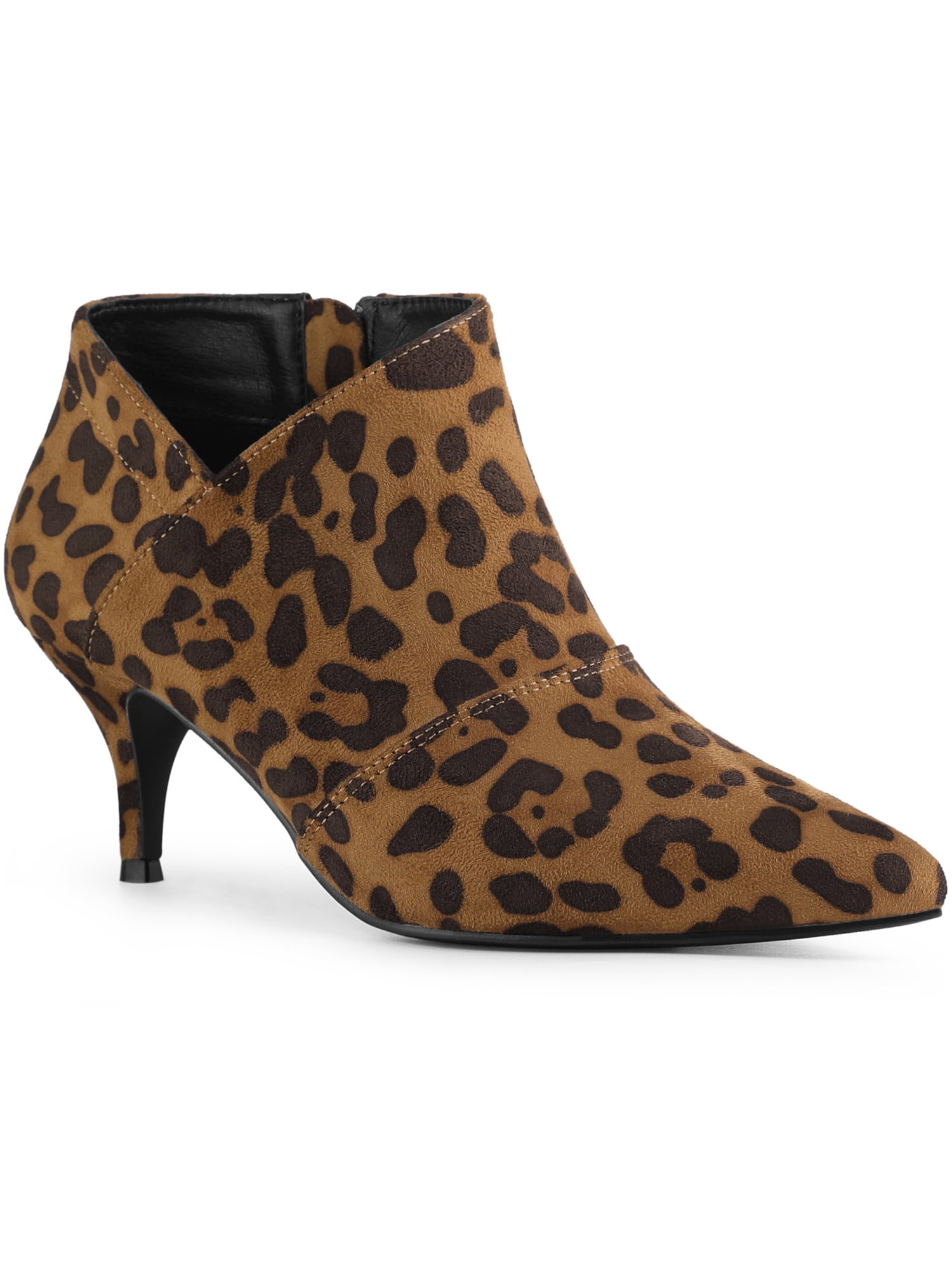 Unique Bargains Pointed Toe Cutout Kitten Heels Ankle Boots for Women Brown Leopard 7.5