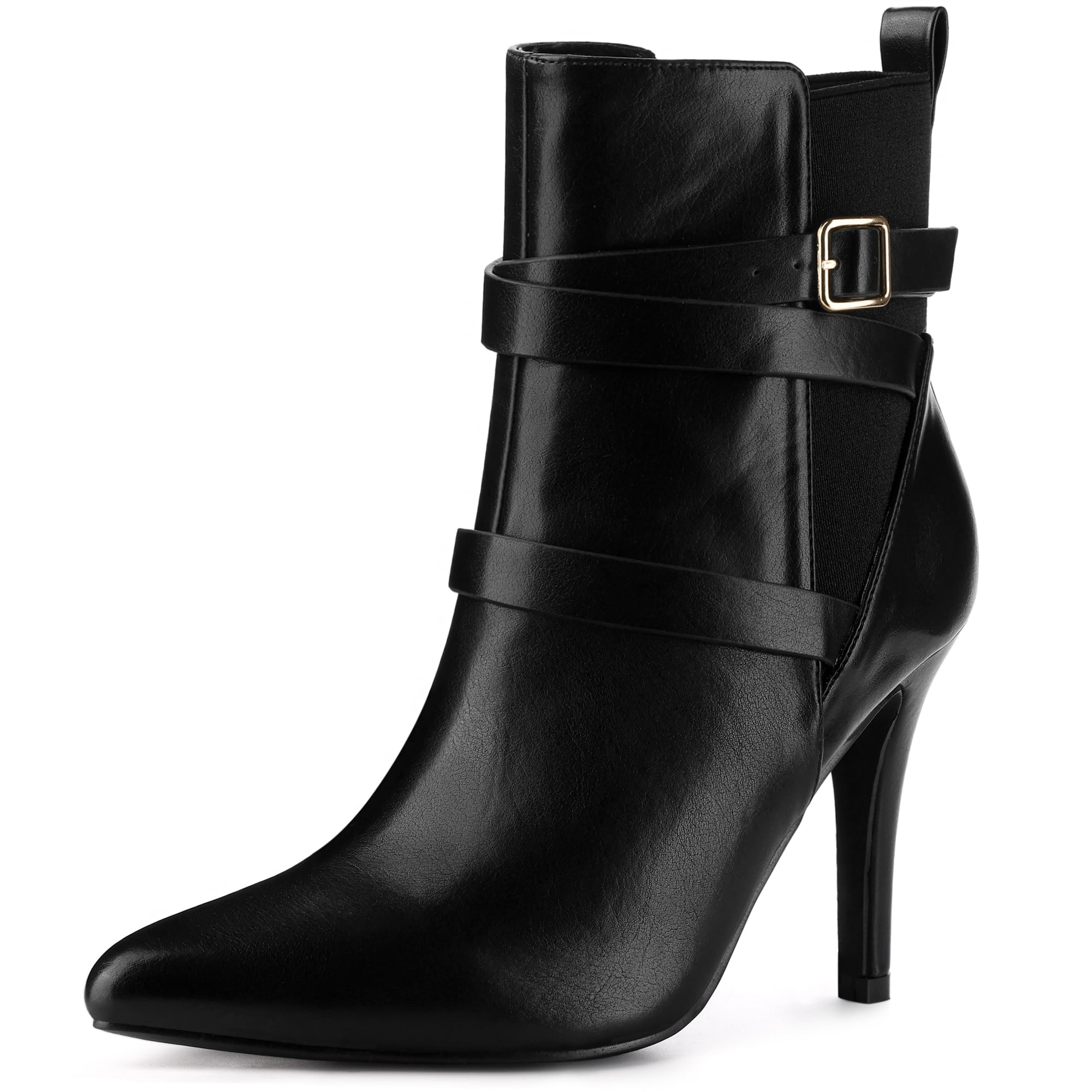 Unique Bargains Pointy Toe Elastic Cross Straps Stiletto Heel Ankle Boot for Women Black 9