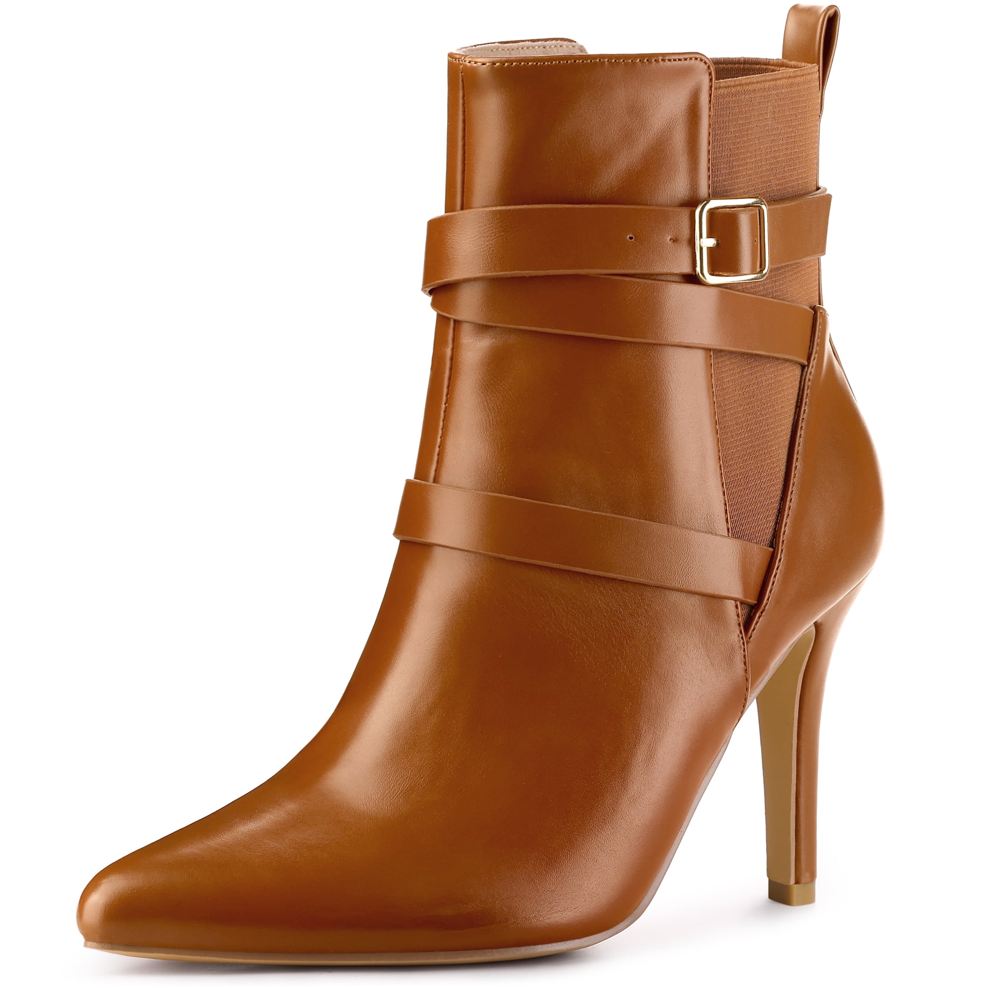 Unique Bargains Pointy Toe Elastic Cross Straps Stiletto Heel Ankle Boot for Women Brown 9