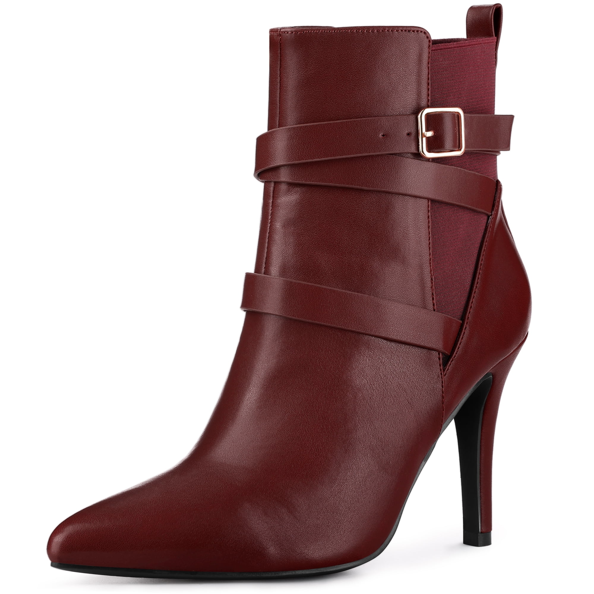 Unique Bargains Pointy Toe Elastic Cross Straps Stiletto Heel Ankle Boot for Women Burgundy 11