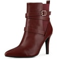thumbnail image 1 of Unique Bargains Pointy Toe Elastic Cross Straps Stiletto Heel Ankle Boot for Women Burgundy 9, 1 of 5