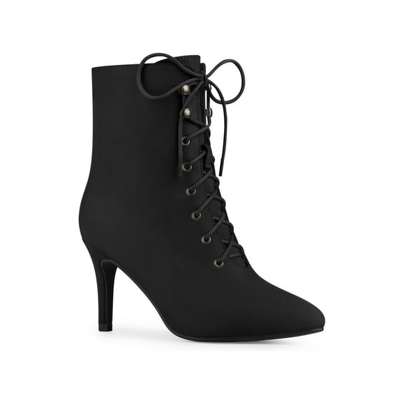 Unique Bargains Pointy Toe Zip Lace Up Stiletto Heels Ankle Boots for Women