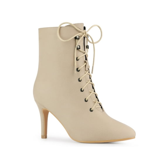 Unique Bargains Pointy Toe Zip Lace Up Stiletto Heels Ankle Boots for Women