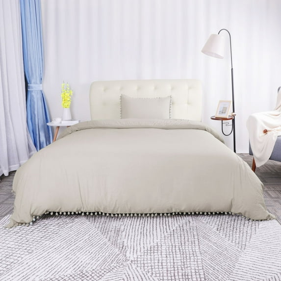 Unique Bargains Polyester Double Washed Pompon Duvet/Quilt Cover Sets Twin Tan